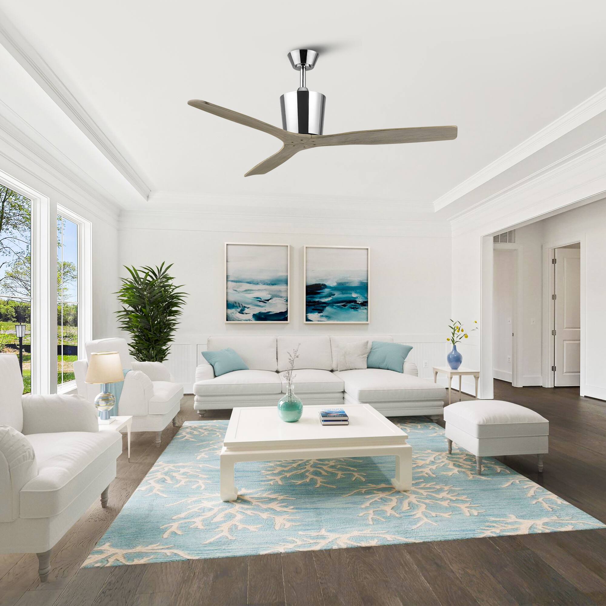 Left. Parrot Uncle - 54" Modern Solid Wood Chrome 6 Speeds Ceiling Fan with Remote, No Light - Chrome.