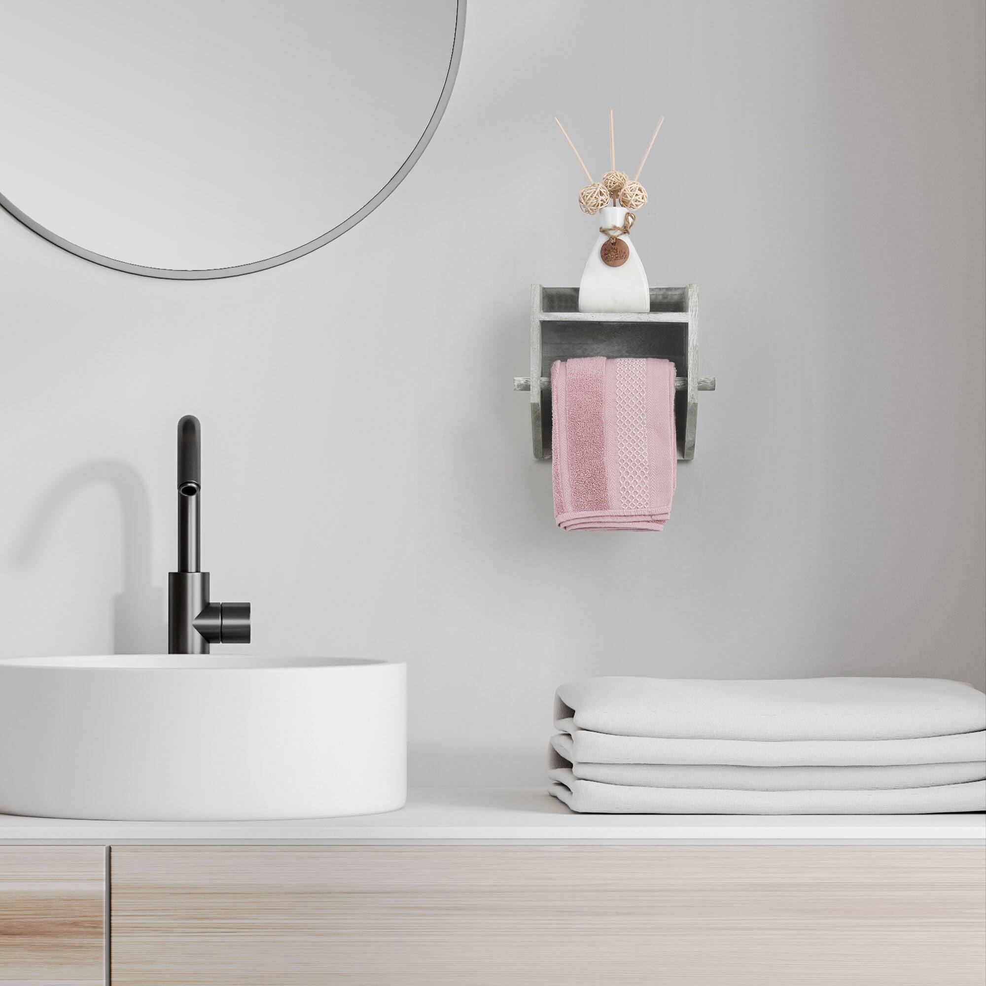 Alt View 1. Oumilen - Wall Mounted Toilet Paper Holder with Shelf – Olive Green Rustic Wood Tissue Dispenser.