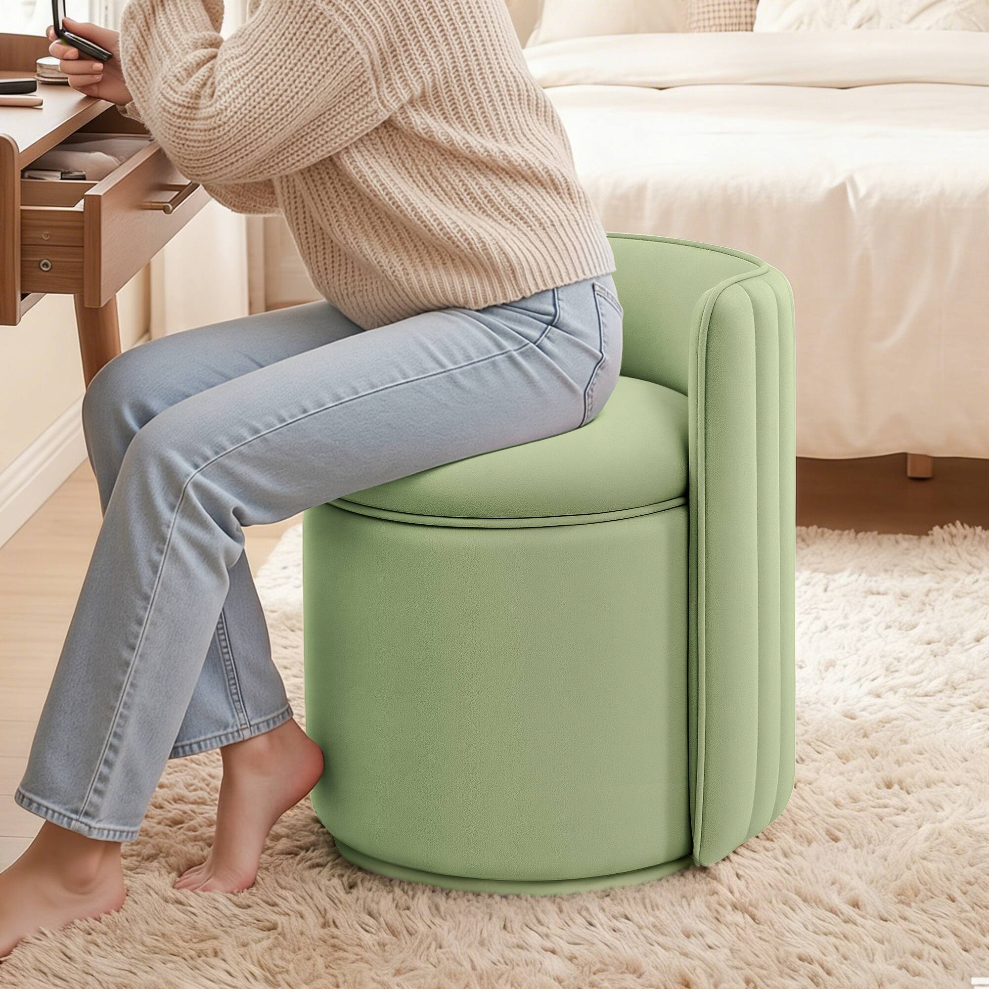 Alt View 2. KERDOM - Swivel Vanity Chair with Storage, Removable Seat Cushion, Upholstered Velvet Makeup Chair, Small Barrel Accent Stool - Green.