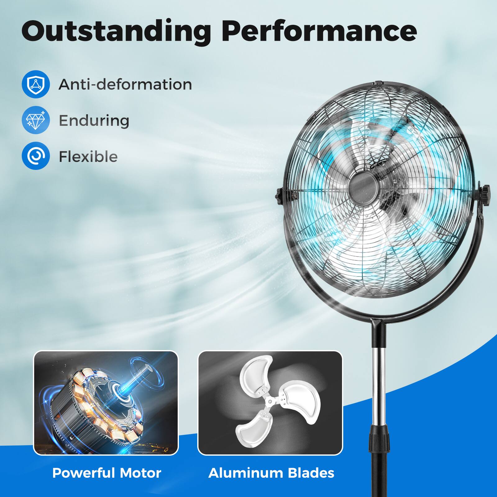Outstanding Performance

- Anti-deformation
- Enduring
- Flexible

Powerful Motor

Aluminum Blades