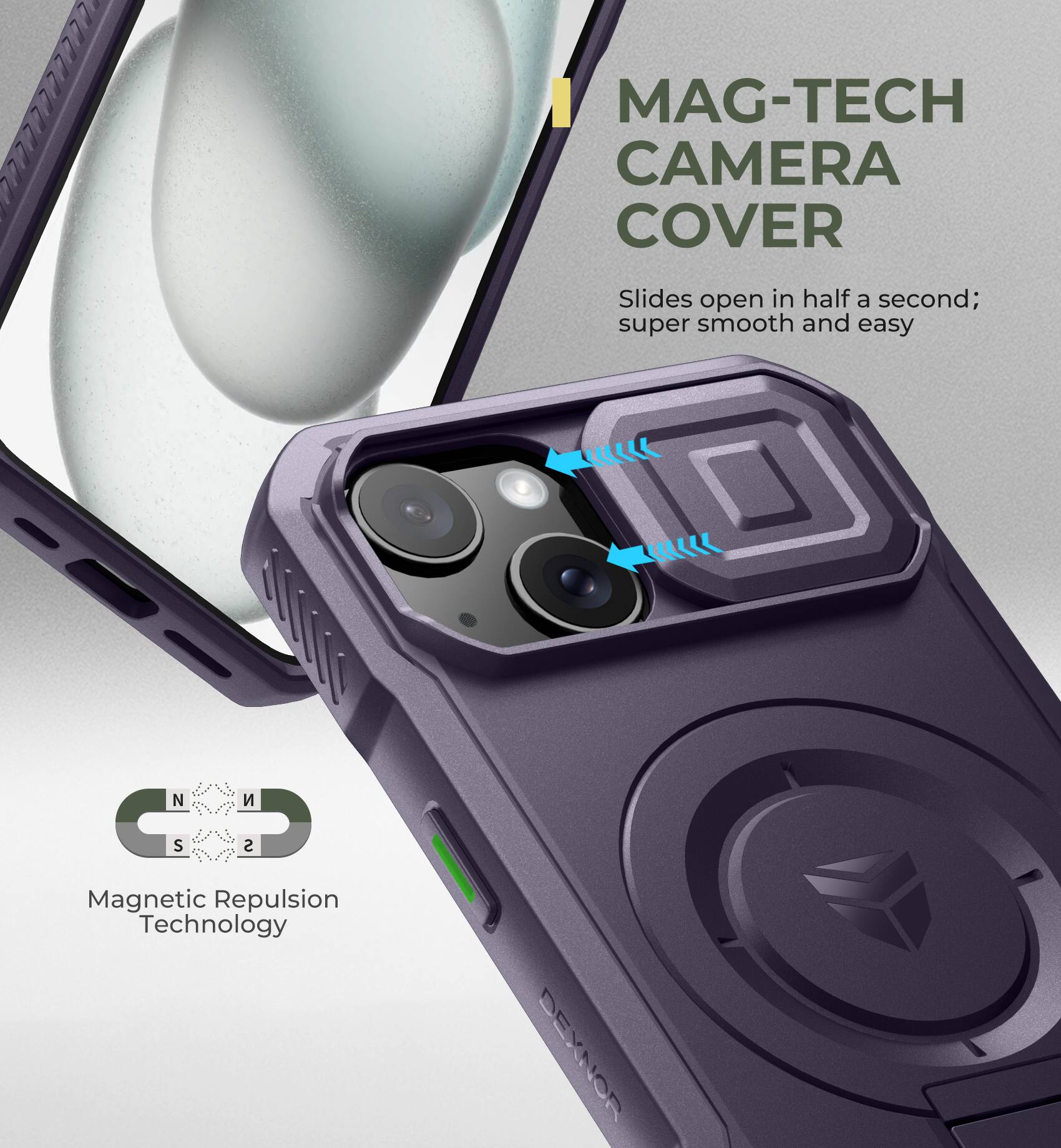 MAG-TECH CAMERA COVER  
Slides open in half a second; super smooth and easy  

Magnetic Repulsion Technology