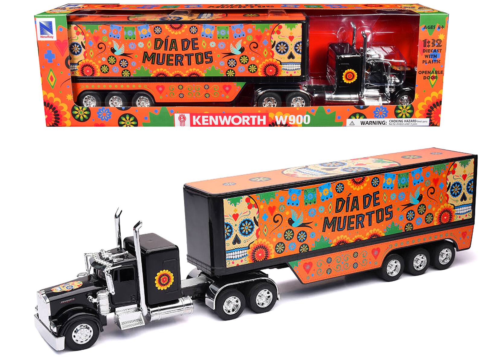 | PERtRE SENUUUN NewRay DA DE MUERTOS GES 8+ 1:32 DIECAST WITH PLASTIC OPENABLE DOOR KENWORTH W900 CHOKING HAZARD- u aeru WARNING: - - - - 11m0 DA DE MUERTOS