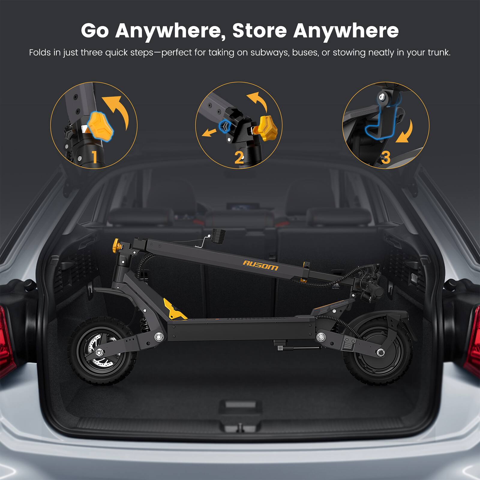 Go Anywhere, Store Anywhere

Folds in just three quick steps—perfect for taking on subways, buses, or stowing neatly in your trunk.

1.  
2.  
3.  

AUSOM
