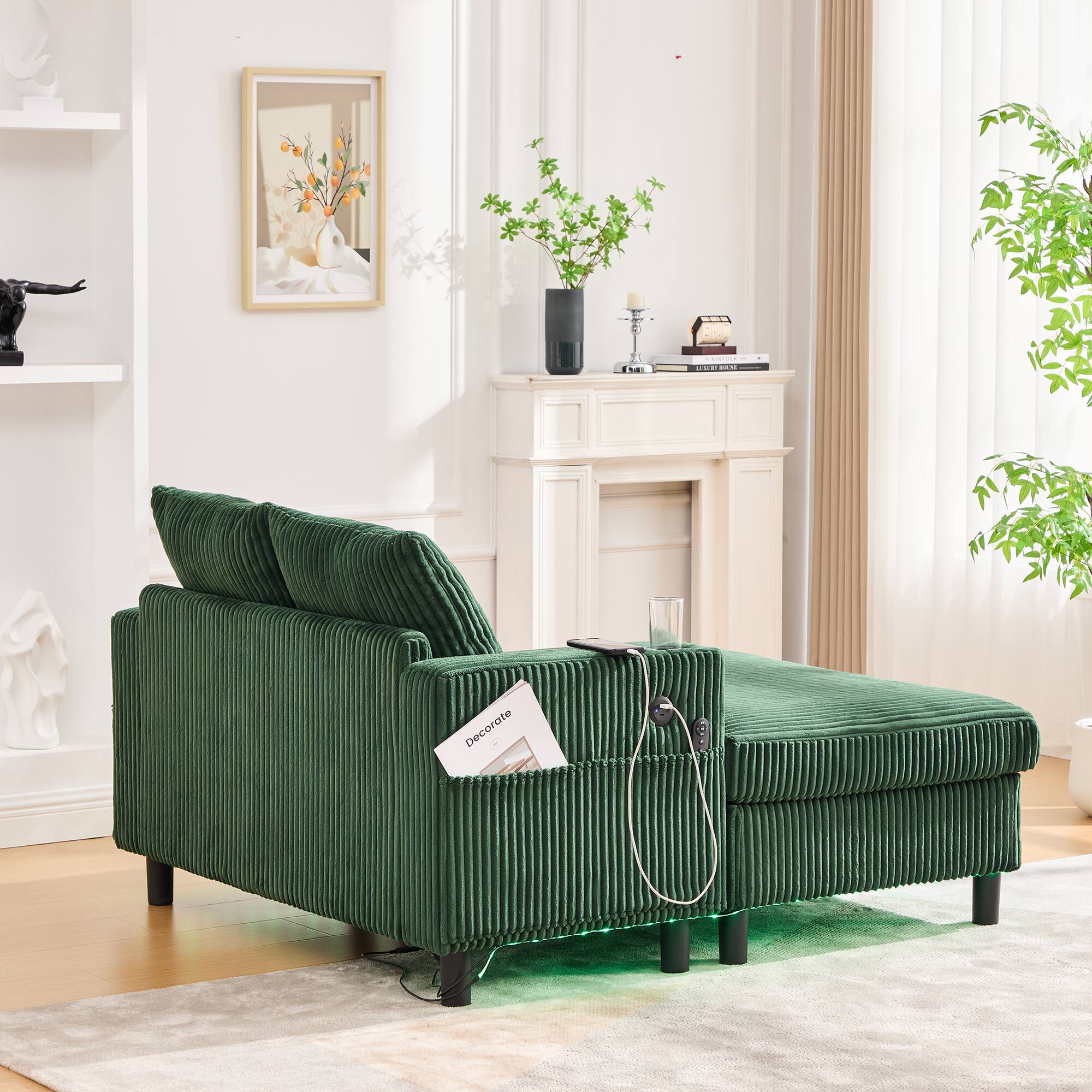 Left. Trinkets Crazed - Modern Corduroy Oversized Recliner Sofa with Deep Seat, USB Charging,RGB LED Light Strip - Emerald.