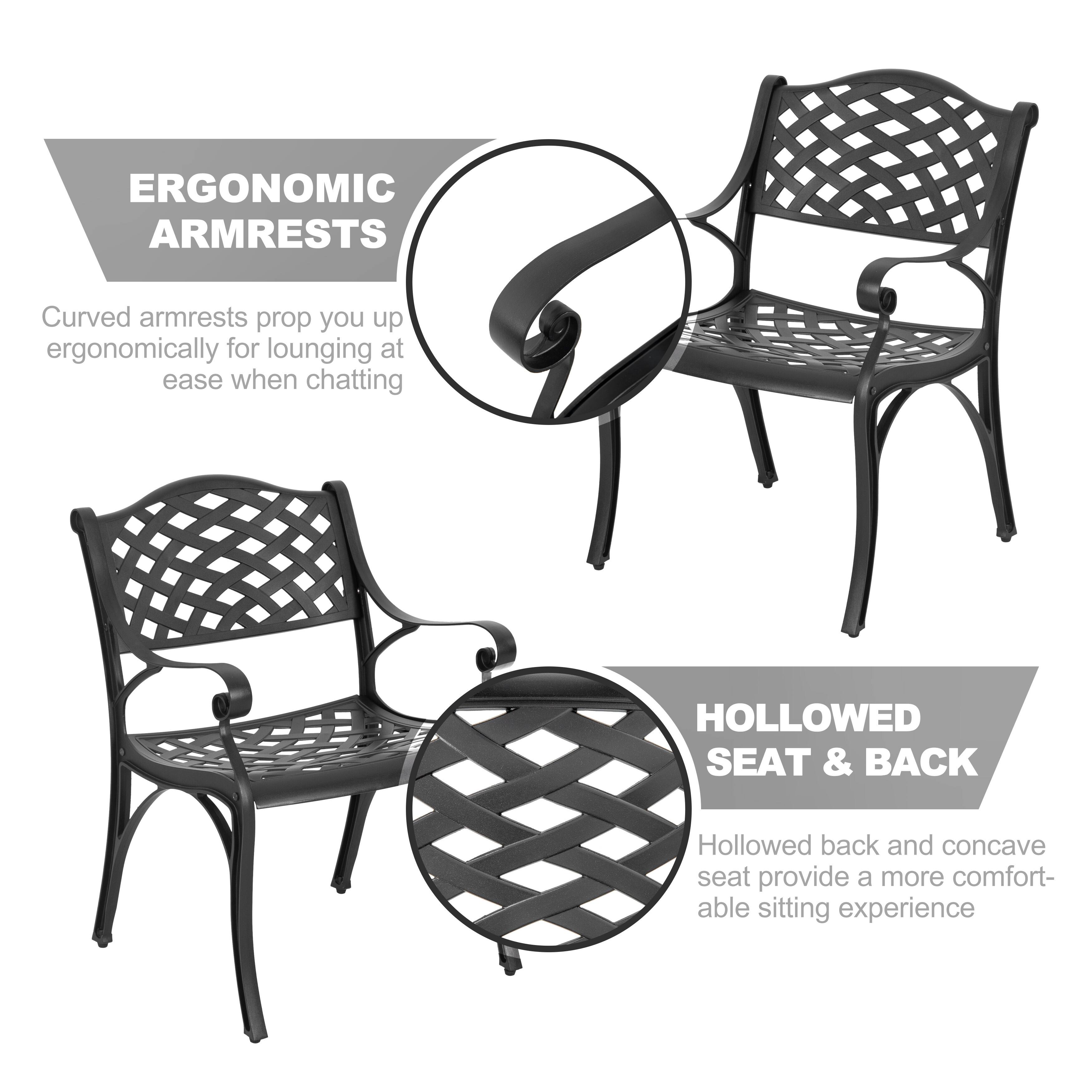 ERGONOMIC ARMRESTS  
Curved armrests prop you up ergonomically for lounging at ease when chatting  

HOLLOWED SEAT & BACK  
Hollowed back and concave seat provide a more comfortable sitting experience