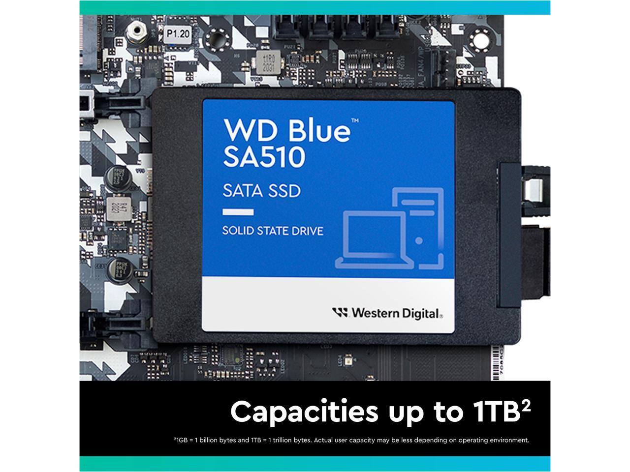 P1.20 PUZI C1R0 2001 TM WD Blue SA510 SATA SSD A_FAN4/WP SOLID STATE DRIVE Western Digital 70880 Capacities up to 1TB2 *1GB - 1 billion bytes and 1TB - 1 trillion bytes. Actual user capacity may be less depending on operating environment.