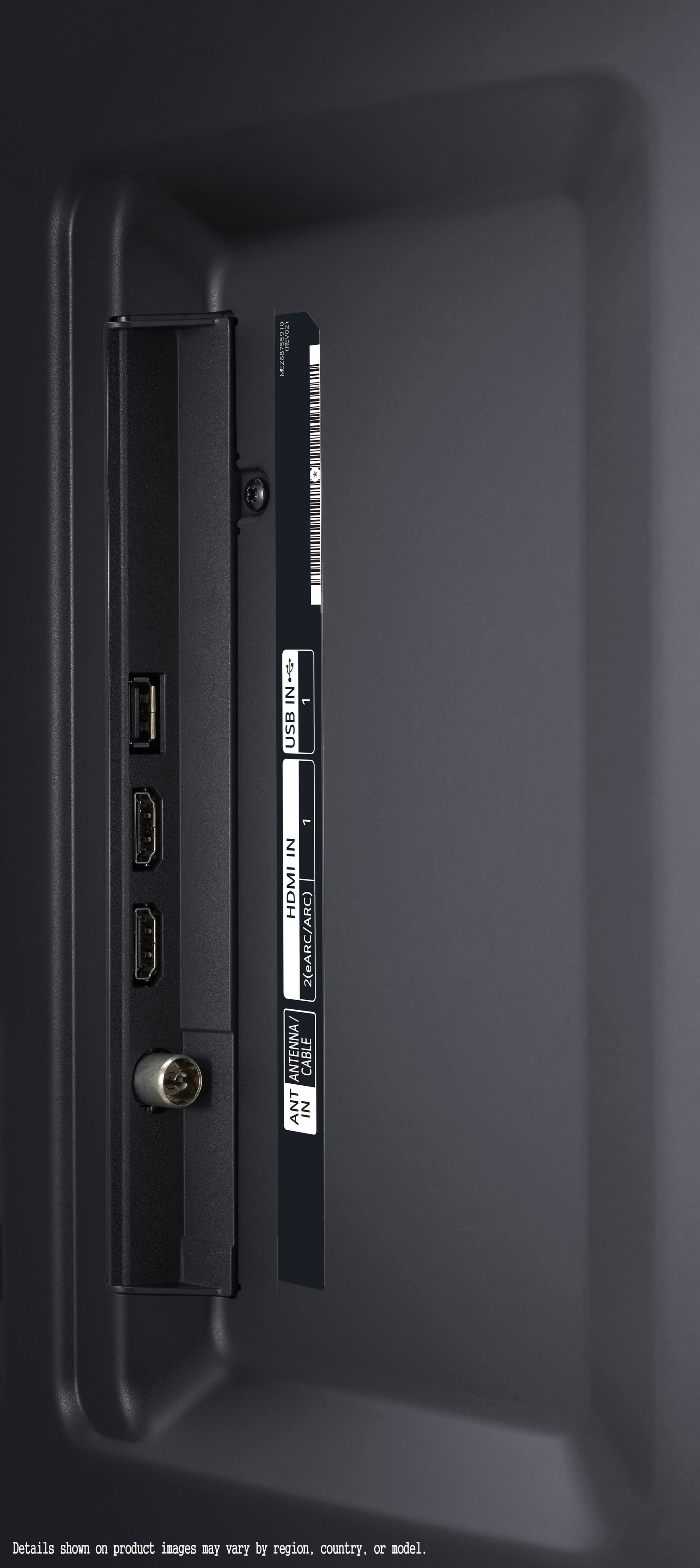 The text on the image reads "HECC3 i IN USB IN HDMI 2 (eARC/ARC) ANTENNA CABLE ANT IN Details shown on product images may vary by region, country, or model."