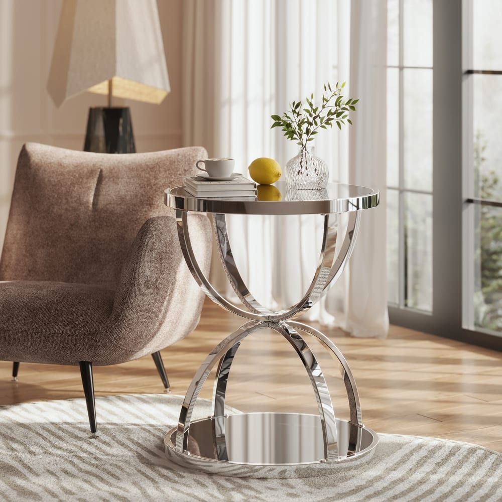 "Loheer - 19.69"" Modern Glass Side Table, 2 Tier Round Coffee Table, Chrome Finish Nightstand for Living Room - Silver" price history on PriceWatchPro