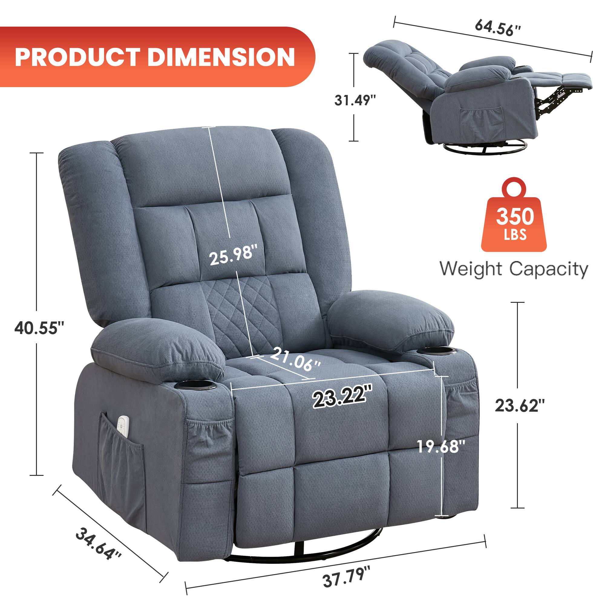 PRODUCT DIMENSION  
- Height: 31.49"  
- Width: 64.56"  
- Depth: 40.55"  
- Seat Height: 25.98"  
- Seat Depth: 23.22"  
- Armrest Height: 21.06"  
- Armrest Width: 23.62"  
- Back Height: 34.64"  
- Overall Depth: 37.79"  

Weight Capacity: 350 LBS