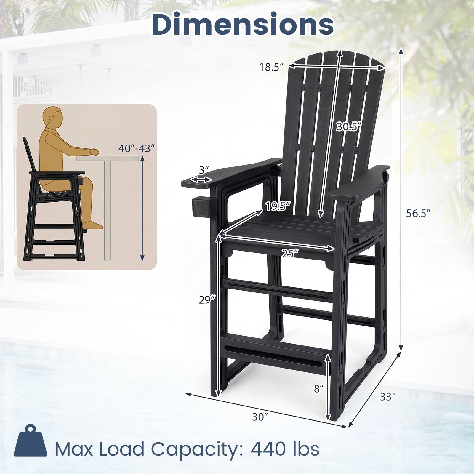 Dimensions: 18.5" x 30.5" x 40"-43" x 3" x 19.5" x 56.5" x 25" x 29" x 8" x 33" x 30"  
Max Load Capacity: 440 lbs