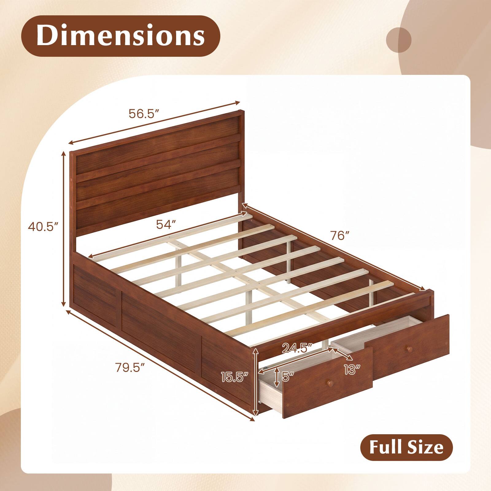 Dimensions: 56.5" x 40.5" x 54" x 76" x 79.5" x 15.5" x 24.5" x 15" x 13"  
Full Size