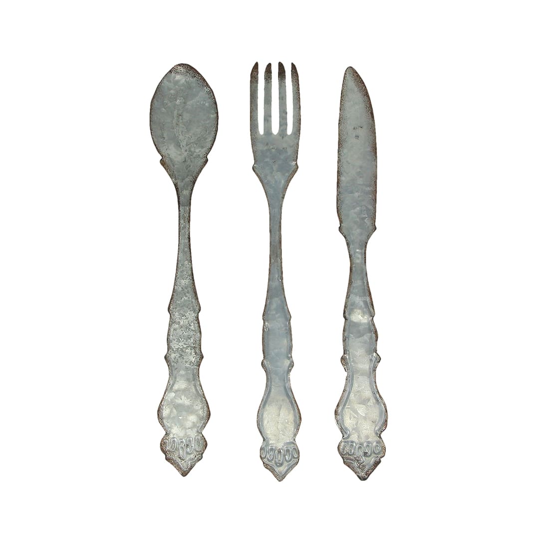 Zeckos - Giant Galvanized Metal Fork Spoon Knife Farmhouse Decor Kitchen Wall Hanging Set - Gray