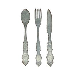 Zeckos - Giant Galvanized Metal Fork Spoon Knife Farmhouse Decor Kitchen Wall Hanging Set - Gray