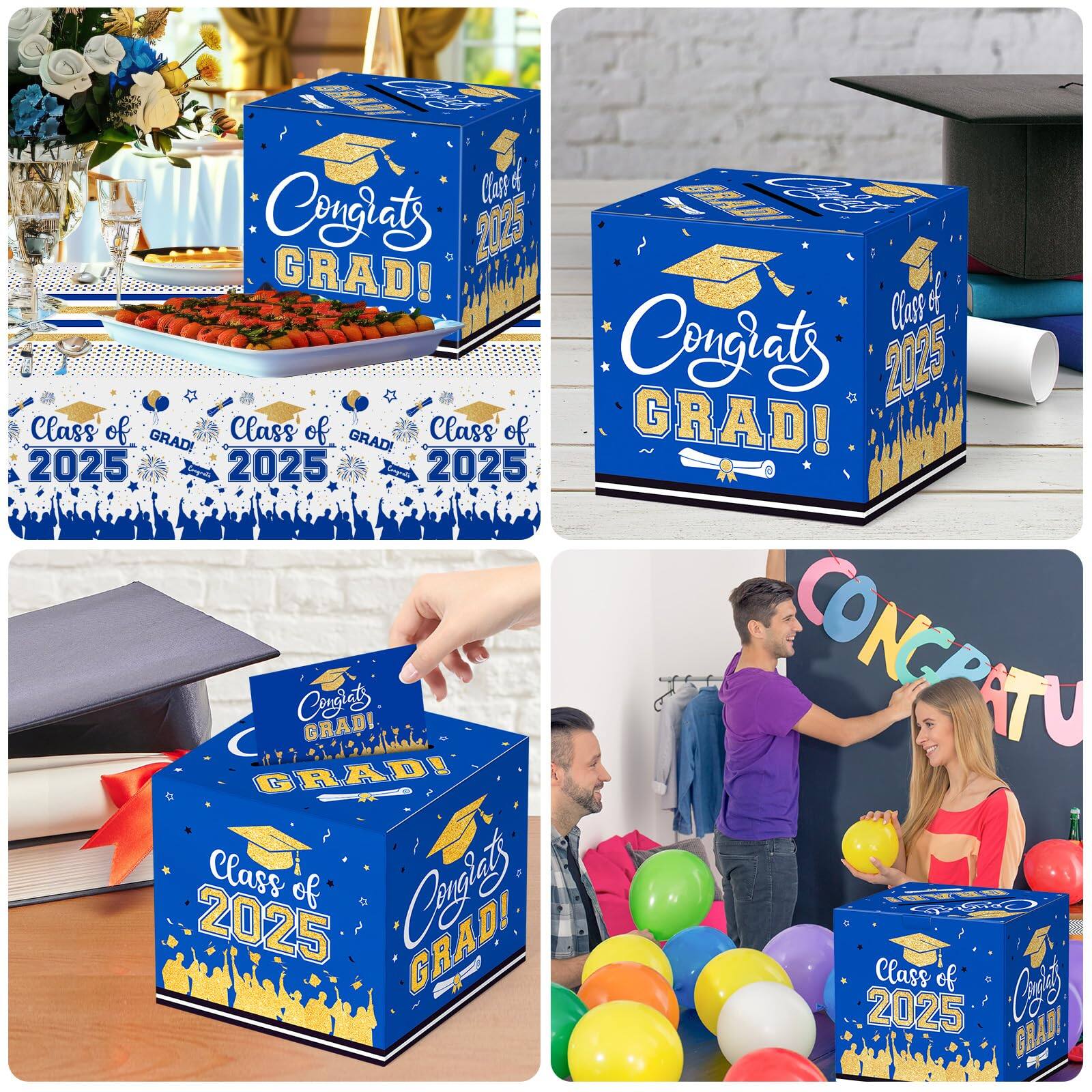 Sure, here is the corrected and grouped text from the image:

---

**Top Left:**
- Congrats GRAD!
- Class of 2025

**Top Right:**
- Congrats GRAD!
- Class of 2025

**Bottom Left:**
- Congrats GRAD!
- Class of 2025

**Bottom Right:**
- Congrats GRAD!
- Class of 2025

**Banner:**
- CONGRATU

---

This text is consistent with the decorations and items shown in the image.