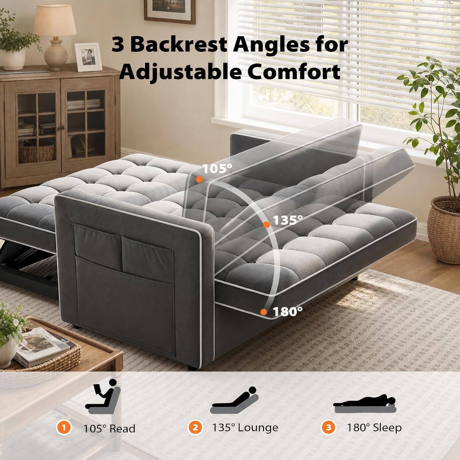 3 Backrest Angles for Adjustable Comfort

1. 105° Read
2. 135° Lounge
3. 180° Sleep