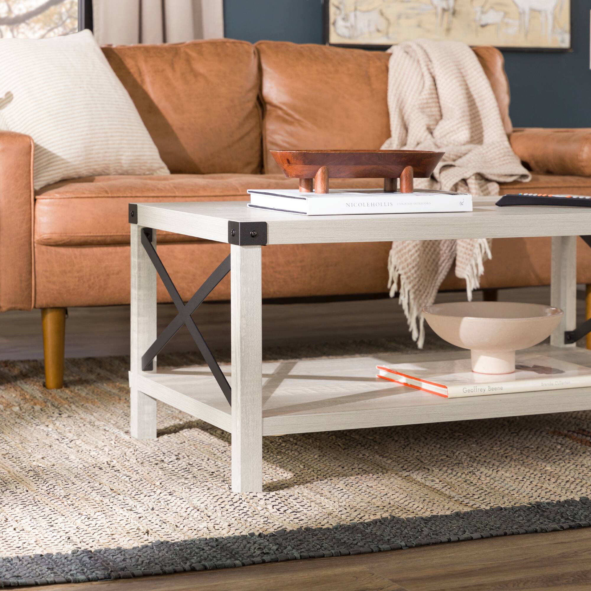Alt View 12. Walker Edison - Rustic Farmhouse Wood Coffee Table - Stone Gray.