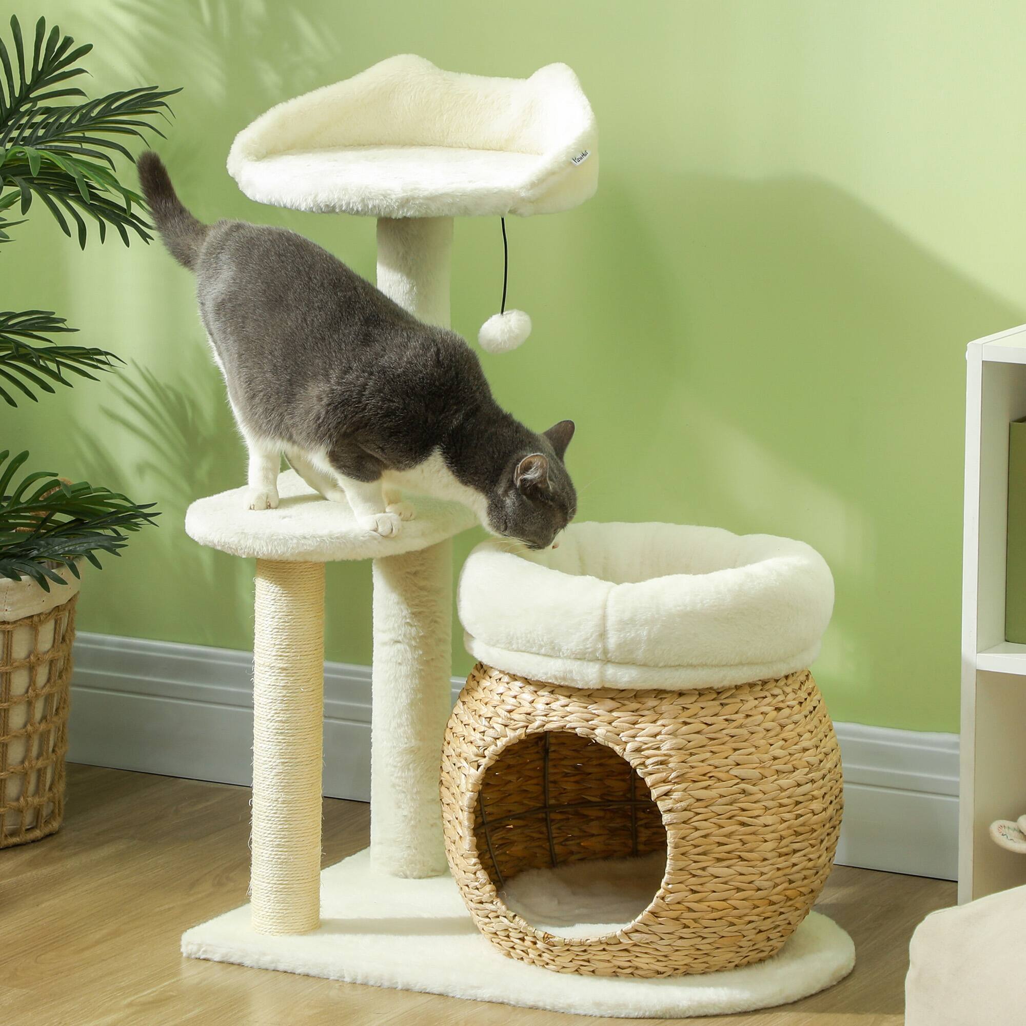 Alt View 5. Pawhut - 31" Cat Tree Tower for Indoor Cats, with Sisal Scratching Posts, Condo, Beds, Platform, Toy Ball, Activity Center - Cream White.