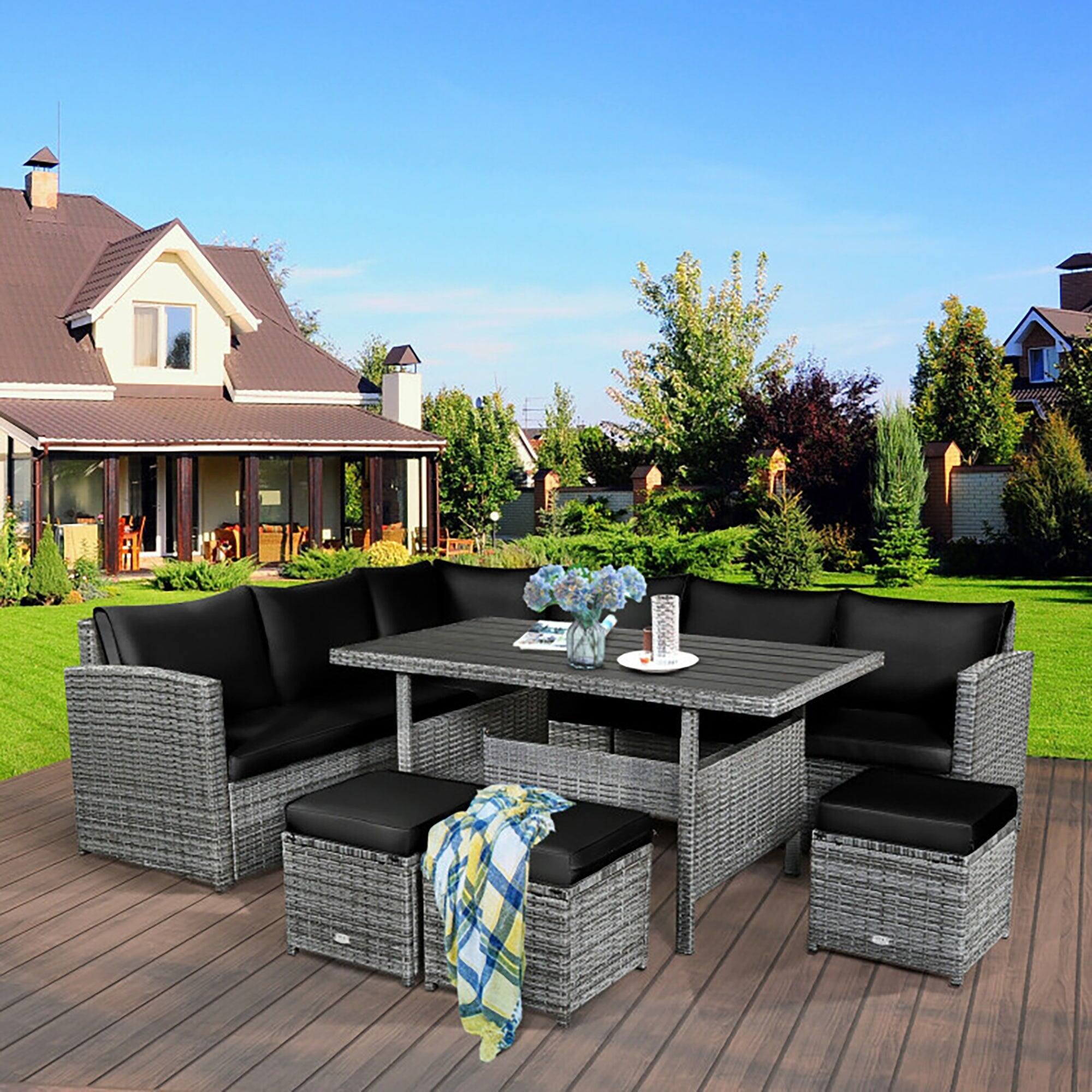 Alt View 7. Boyel Living - 7 Pieces Outdoor Wicker Sectional Sofa Set with Dining Table - Black.