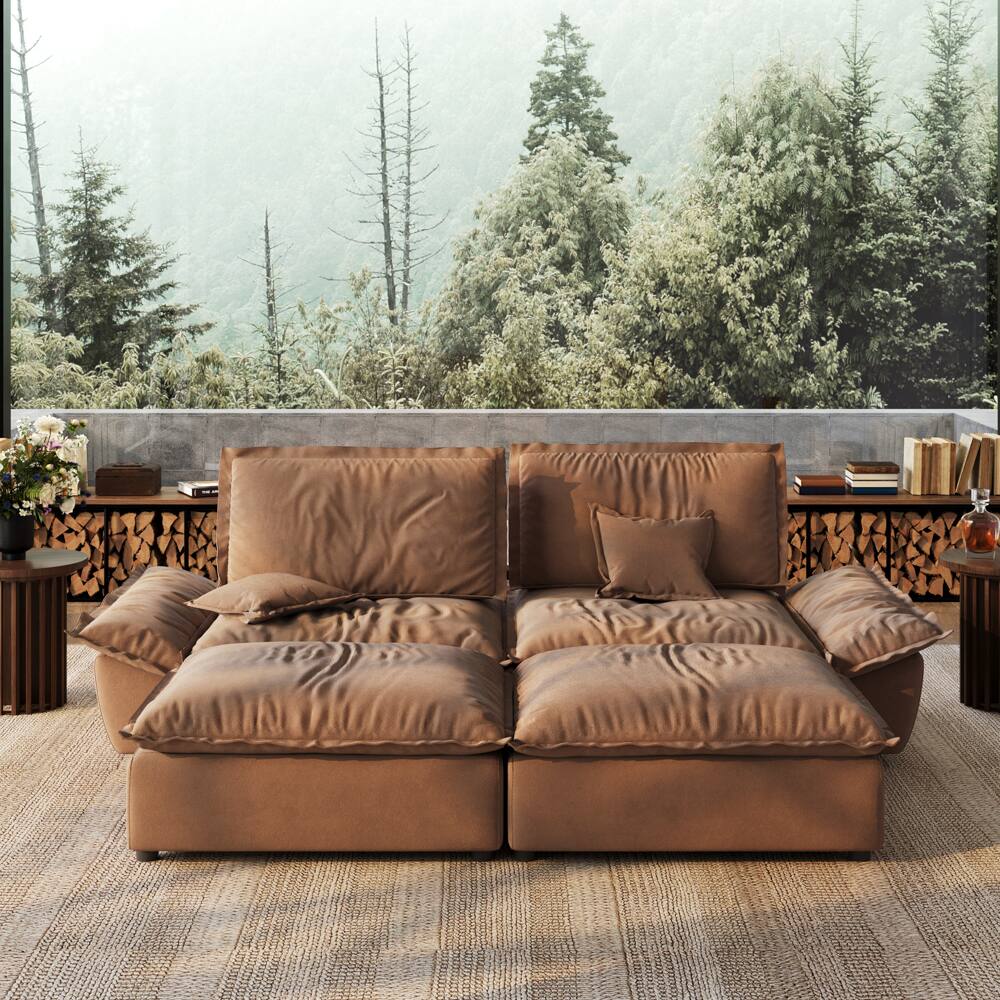 Angle. POVISON - Modern Beige Sleeper Sofa with 2 Ottomans - Brown Suede Fabric.