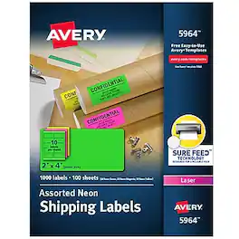 Avery - Sure Feed Laser Shipping Labels, 2"x 4", Neon Assorted, 1,000 Labels/Box - Assorted Neon Colors