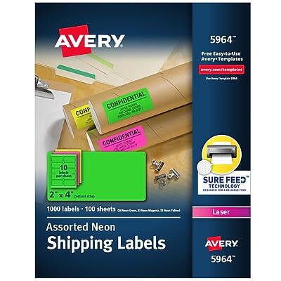 AVERY 5964  
Free Easy-to-Use Avery Templates  
avery.com/templates  

CONFIDENTIAL  
CONFIDENTIAL  

10 label per sheet  
2" x 4" (actual size)  

SURE FEED TECHNOLOGY  
DESIGNED FOR RELIABLE FEED  

1000 labels  
100 sheets  

Assorted Neon Shipping Labels  

Laser  

AVERY 5964