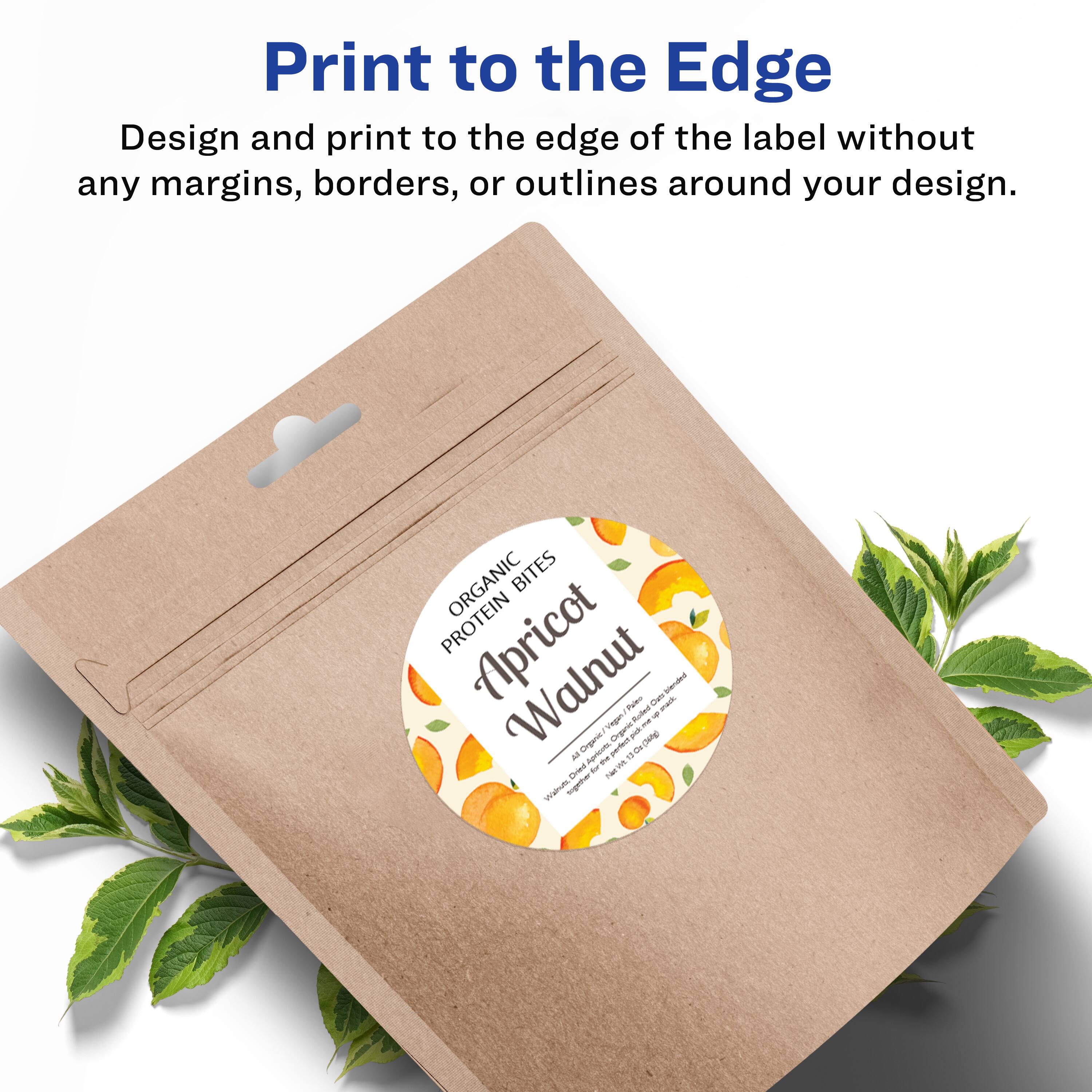Print to the Edge  
Design and print to the edge of the label without any margins, borders, or outlines around your design.

ORGANIC BITES  
PROTEIN  
Apricot Walnut