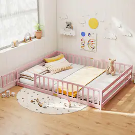 Costway - Queen Size Floor Bed with Full Length Safety Guardrails & Door for Boys, Girls - Pink