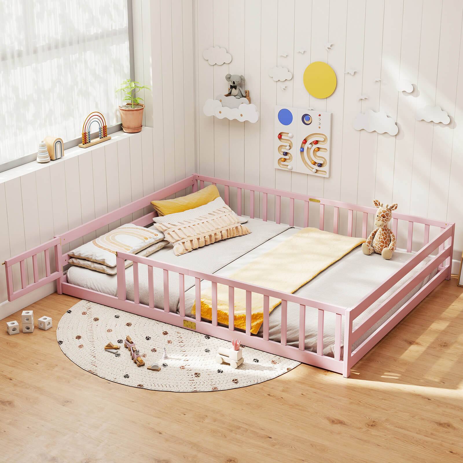 Alt View 1. Costway - Costway Queen Size Floor Bed with Full Length Safety Guardrails & Door for Boys, Girls - Pink.