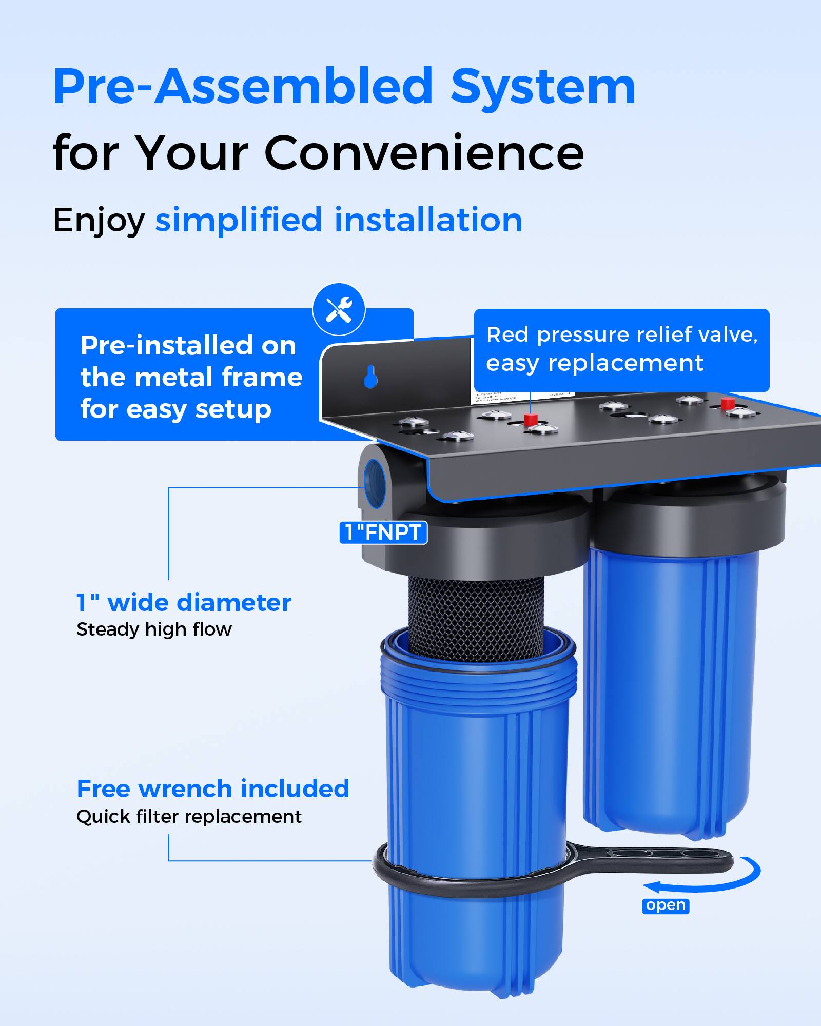 Pre-Assembled System for Your Convenience

Enjoy simplified installation

- Pre-installed on the metal frame for easy setup
- Red pressure relief valve, easy replacement
- 1" FNPT
- 1" wide diameter
- Steady high flow
- Free wrench included
- Quick filter replacement