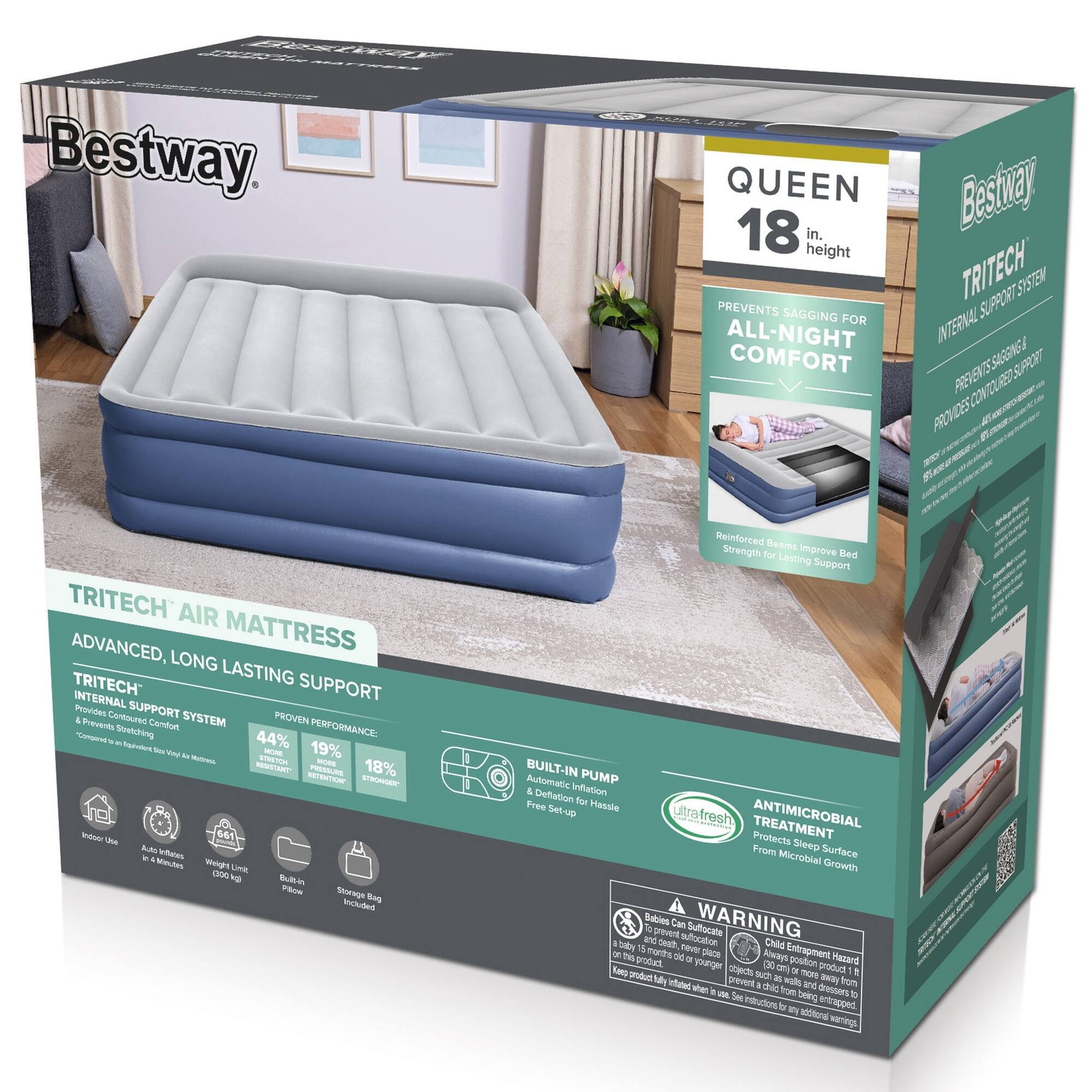 Bestway QUEEN 18 in. height PREVENTS SAGGING FOR ALL-NIGHT COMFORT Reinforced Beams Strength for Improved Bed Lasting Support TRITECH AIR ADVANCED, MATTRESS LONG LASTING TRITECH TMI SUPPORT SYSTEM Provides Continued SUPPORT SYSTEM PROVEN PERFORMANCE - Stretching 44% - 19% M - 1 M WS/NET PINTAURE 18% BUILT-IN PUMP Jutoralia & Deflation Inflation Free for Hassle Free Setup Ultrafresh ANTIMICROBIAL TREATMENT Protects Sleep Surface From Microbial Growth

PE Shorage Included

WARNING: Babies Can Suffocate in Soft Bedding. Never place a baby to sleep on a soft surface, such as a pillow, comforter, or mattress. Keep product fully inflated when in use. See instructions for additional warnings.

Bestway TRITECH SUPPORT SYSTEM
