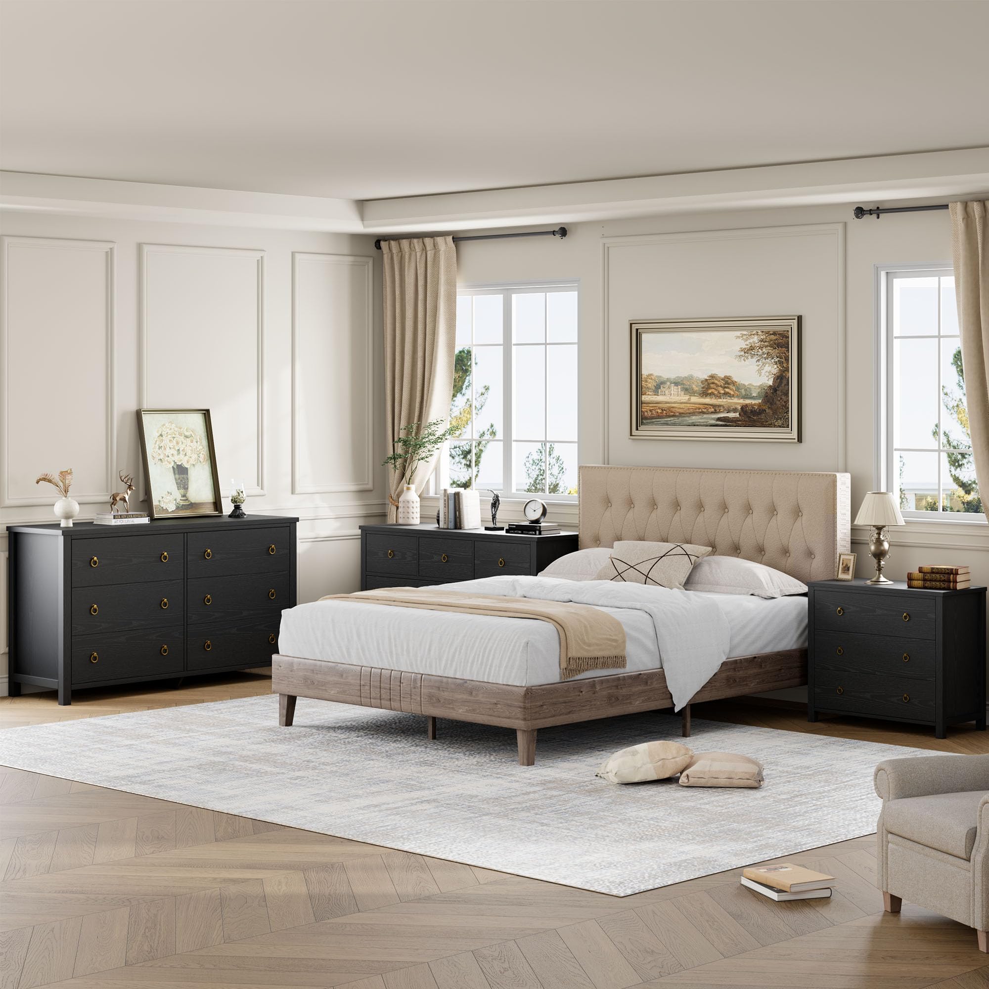 Left. Jojoka - 7 Drawer Dresser for Bedroom, 54 in Wide Dresser, Chest of Drawers, Wooden Dressers Chest with Clothes Storage Cabinet - Black.