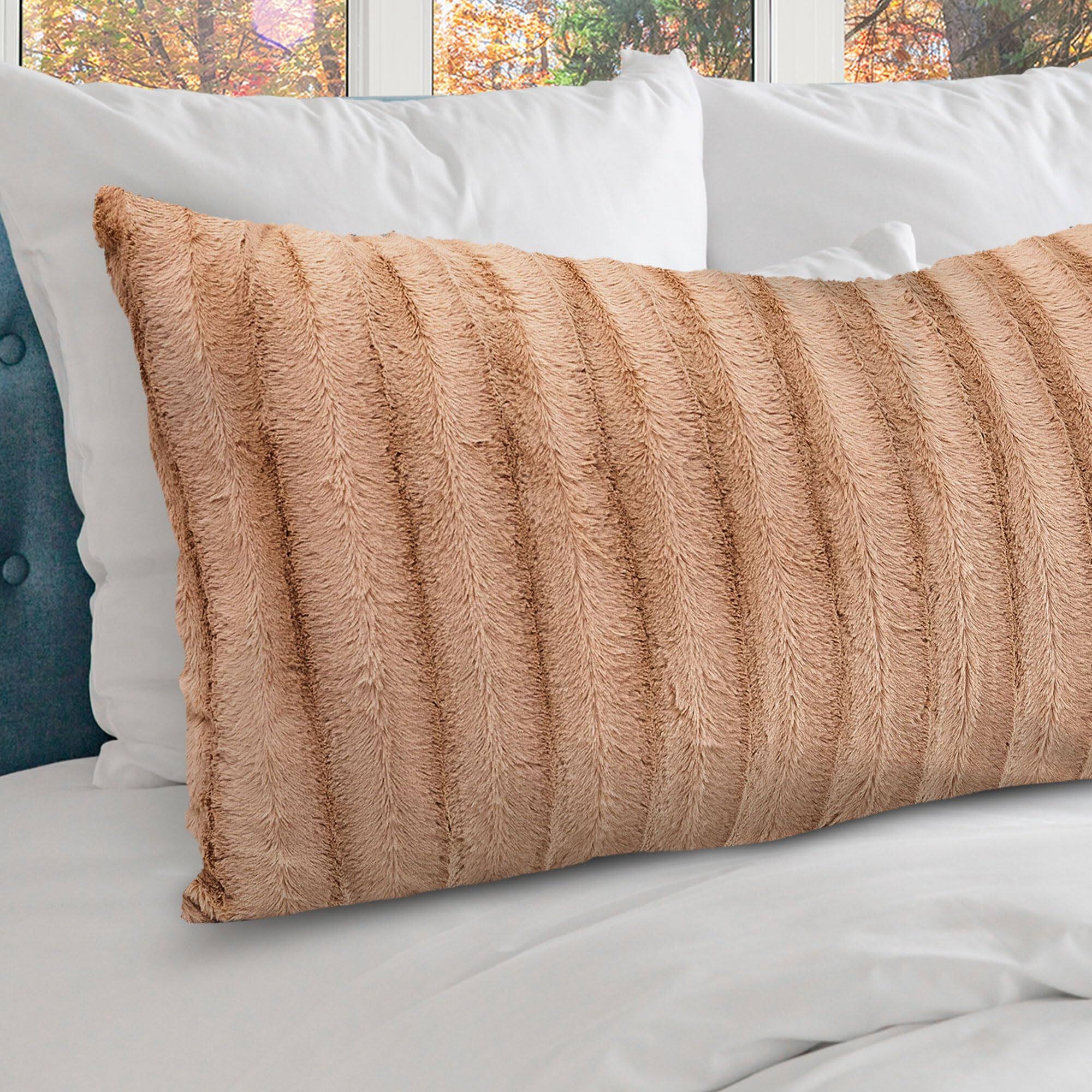 Left. Cheer Collection - Faux Fur Long Decorative Body Pillow 18x40 - Sand.