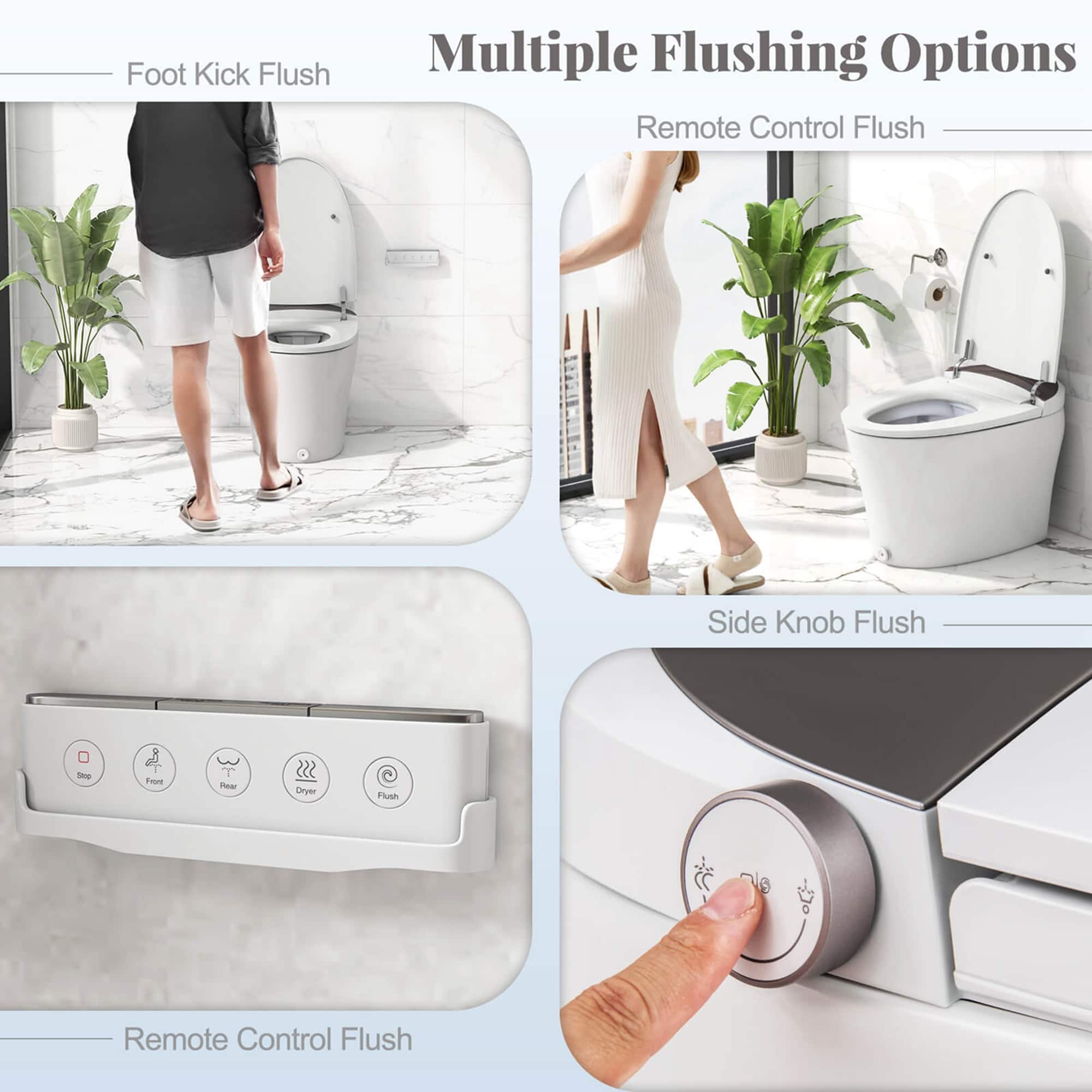 Group 1: Foot Kick Flush, Remote Control Flush
Group 2: Multiple Flushing Options, Side Knob Flush