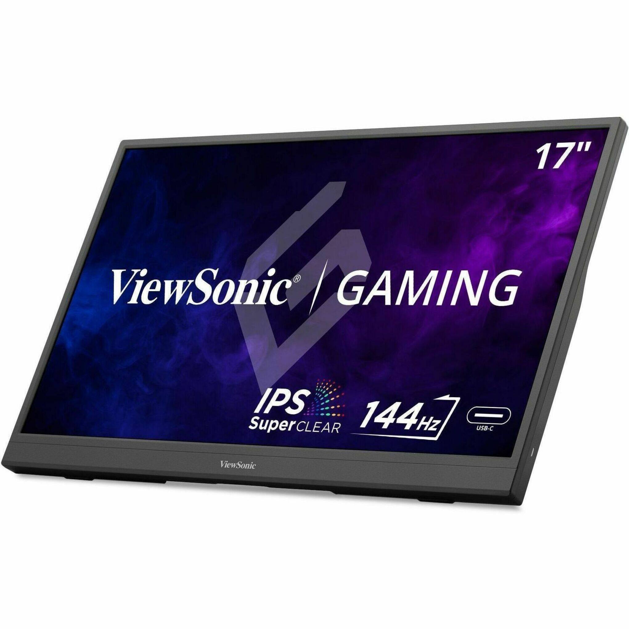 The text on the image reads: "17" ViewSonic 1 GAMING IPS 144Hz) Super CLEAR USB-C ViewSonic." This text is grouped and corrected as follows:

"17" ViewSonic 1 GAMING IPS 144Hz) Super CLEAR USB-C ViewSonic."

The text describes a ViewSonic gaming monitor with a 17-inch screen, IPS technology, 144Hz refresh rate, and a USB-C port. The phrase "Super CLEAR" emphasizes the high-quality display of the monitor.