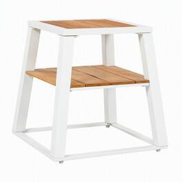 RYHNUYNE - 2-Tier Acacia Wood Outdoor Side Table With Iron Frame, Weather-Resistant Patio End Table With Storage Shelf - White