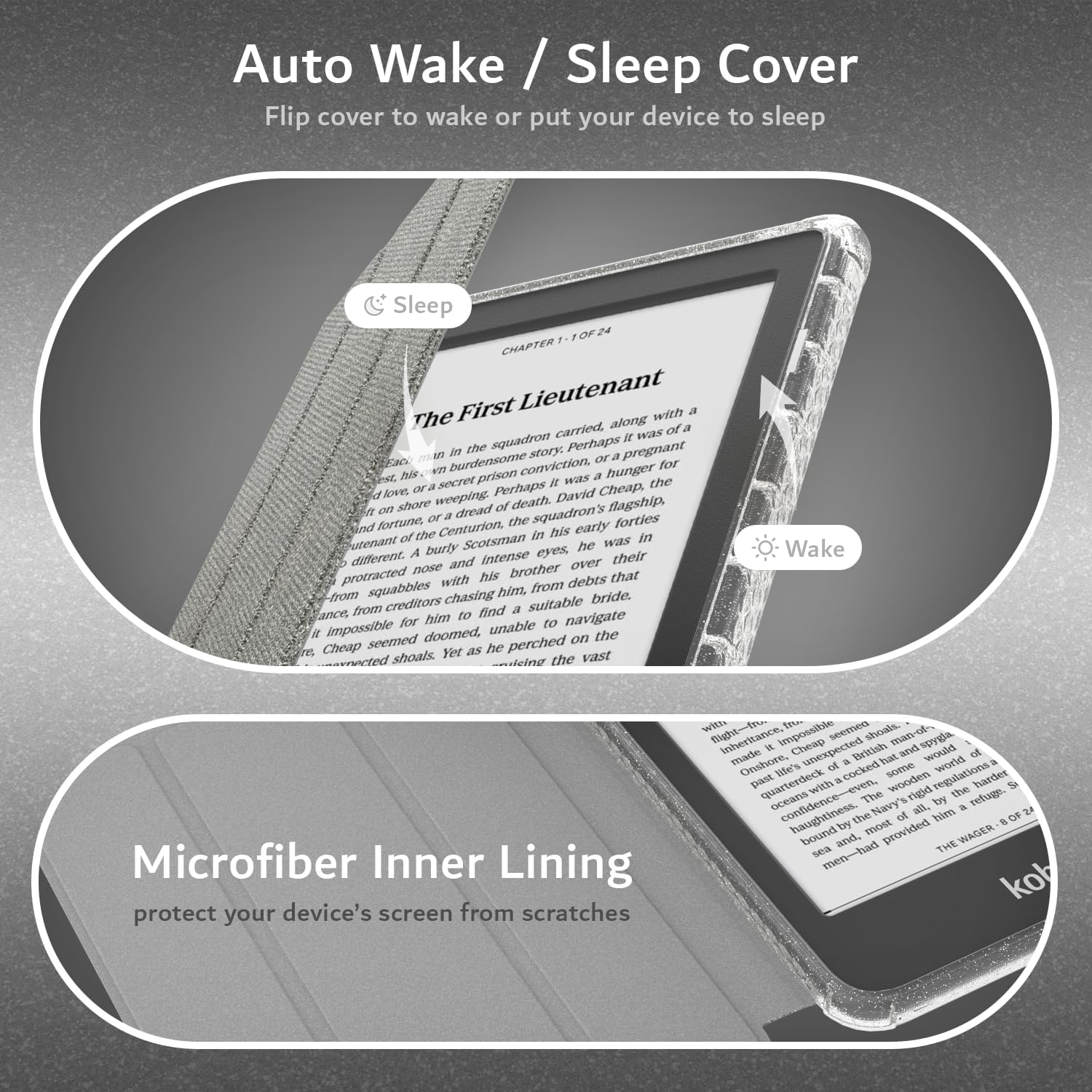 Auto Wake / Sleep Cover  
Flip cover to wake or put your device to sleep  

Sleep  
Wake  

Microfiber Inner Lining  
protect your device's screen from scratches