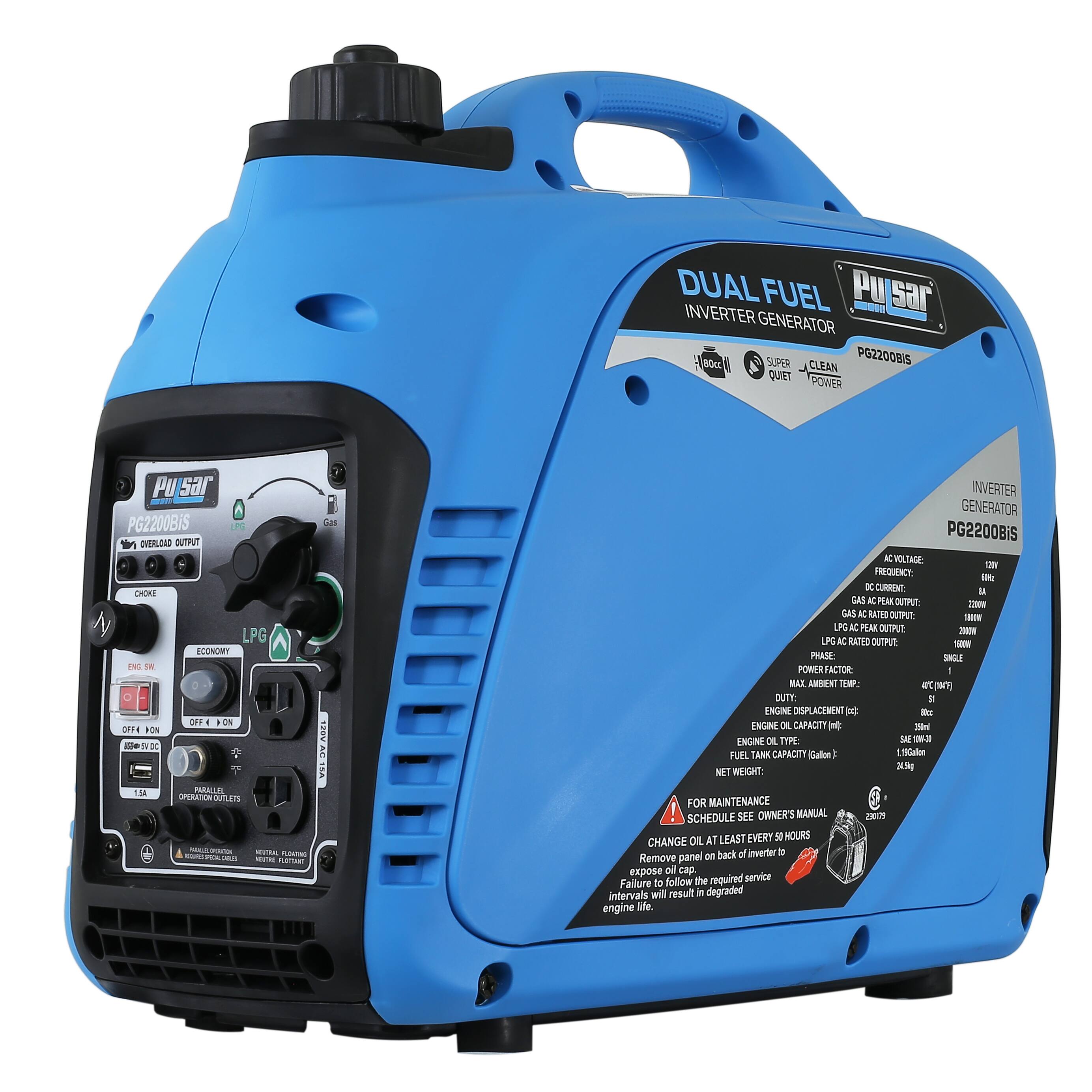 DUAL FUEL INVERTER GENERATOR  
PG2200BIS  

- SUPER CLEAN POWER  
- QUIET  
- ECONOMY  

INVERTER GENERATOR  
PG2200BIS  

AC VOLTAGE: 230V  
FREQUENCY: 50Hz  
DC CURRENT: 10A  
GAS AC PEAK OUTPUT: 2000W  
LPG AC PEAK OUTPUT: 1800W  
PHASE: SINGLE  
POWER FACTOR: 1  
DUTY: 100% AMBIENT 25°C  
ENGINE DISPLACEMENT: 160cc  
ENGINE CAPACITY: 3.5L  
ENGINE OIL TYPE: SAE 10W-40  
FUEL TANK CAPACITY: 1.5L  
NET WEIGHT: 20kg  

FOR MAINTENANCE  
CHANGE OIL AT LEAST EVERY 50 HOURS  
Remove panel on back of Inverter to expose oil cap. Follow the required service intervals. Failure to do so will result in degraded engine life.  

OWNER'S MANUAL  
SEE OWNER'S MANUAL  

CHOICE  
LPG  
ECONOM
