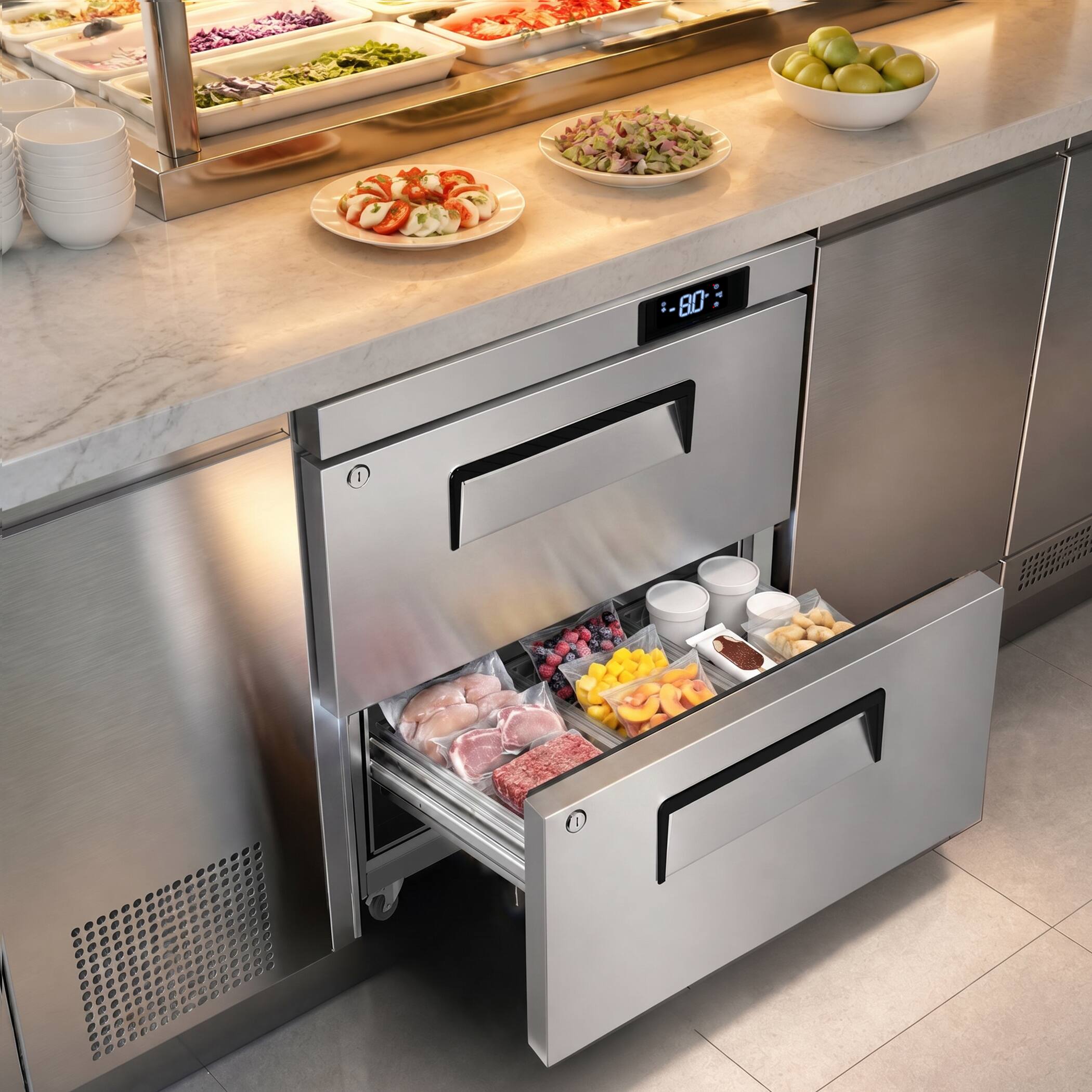 Angle. Coolake - Coolake 27" W 6.5 Cu Ft Commercial Undercounter Worktop Drawer Freezer in Stainless Steel, -8 to 0℉ for Restaurant Kitch - Stainless Steel.