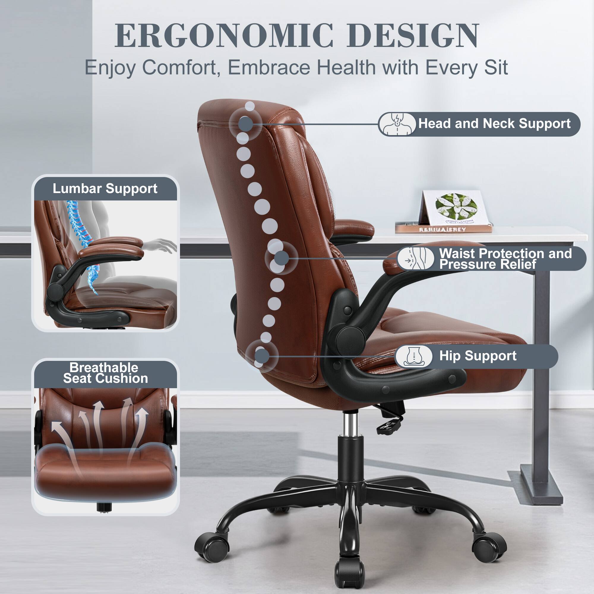 KERDOM - PU Leather Ergonomic Home Desk Chair, Tilt Small Computer Chair Adjustable Height, Rolling Swivel & Flip-Up Padded Arms - Brown - Thumbnail 4