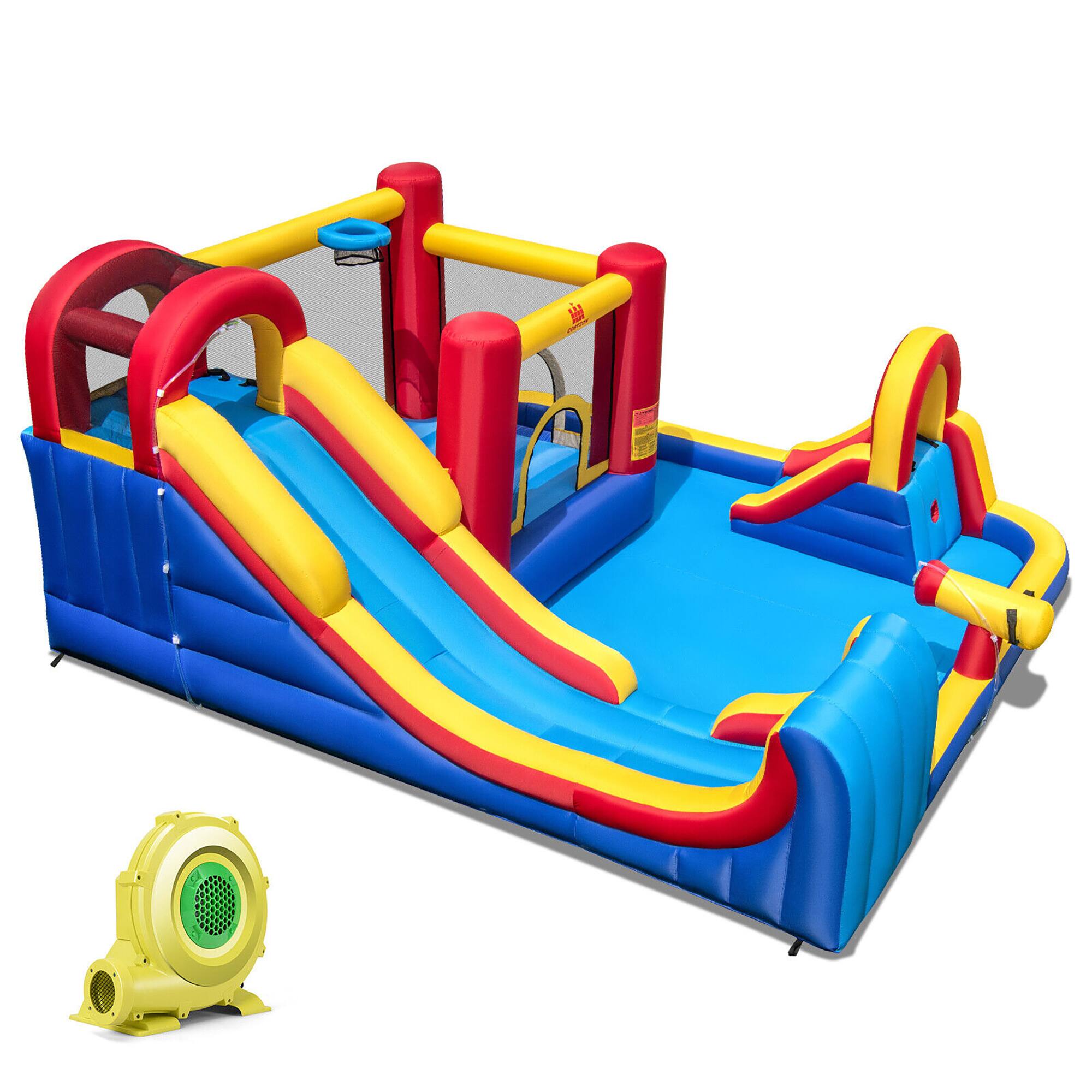 Front. Gymax - Gymax Inflatable Water Slide Giant Kids Water Park w/ Double Slides & 735W Blower - Red, Yellow, Blue.