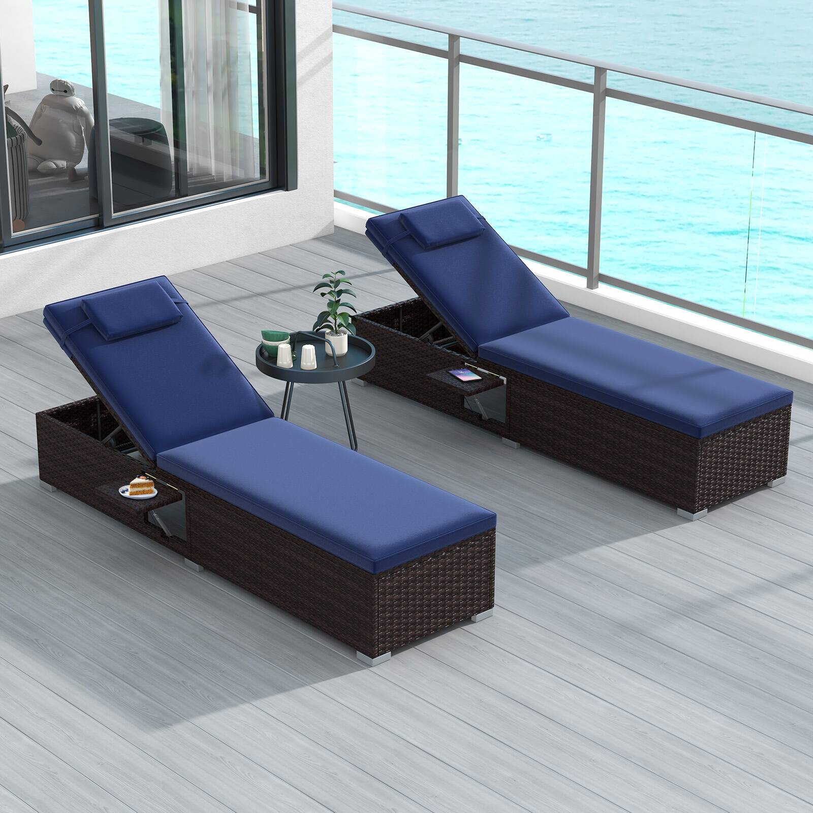 Alt View 1. Costway - Costway 2 PCS Patio Chaise Lounge with 6-level Backrest Comfy Seat Cushion & Headrest Backyard Navy - Mix Brown,Navy.