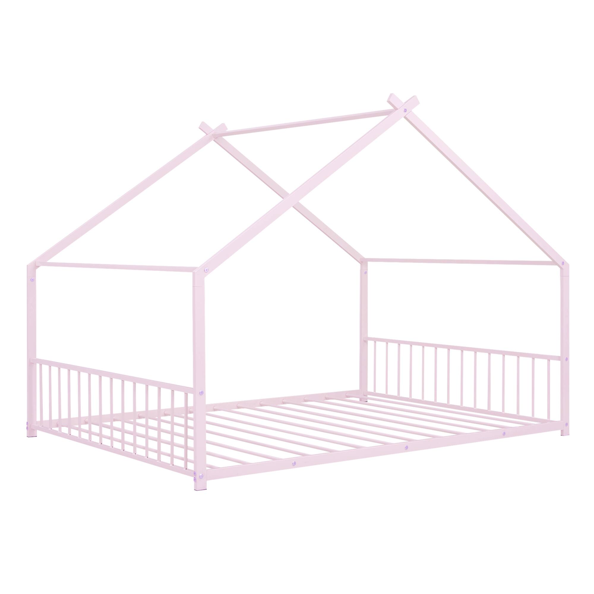 Back. GOODSILO - Full Size Metal House Bed with Playhouse Roof Design for Kids Room Furniture and Sleep Space - Pink.