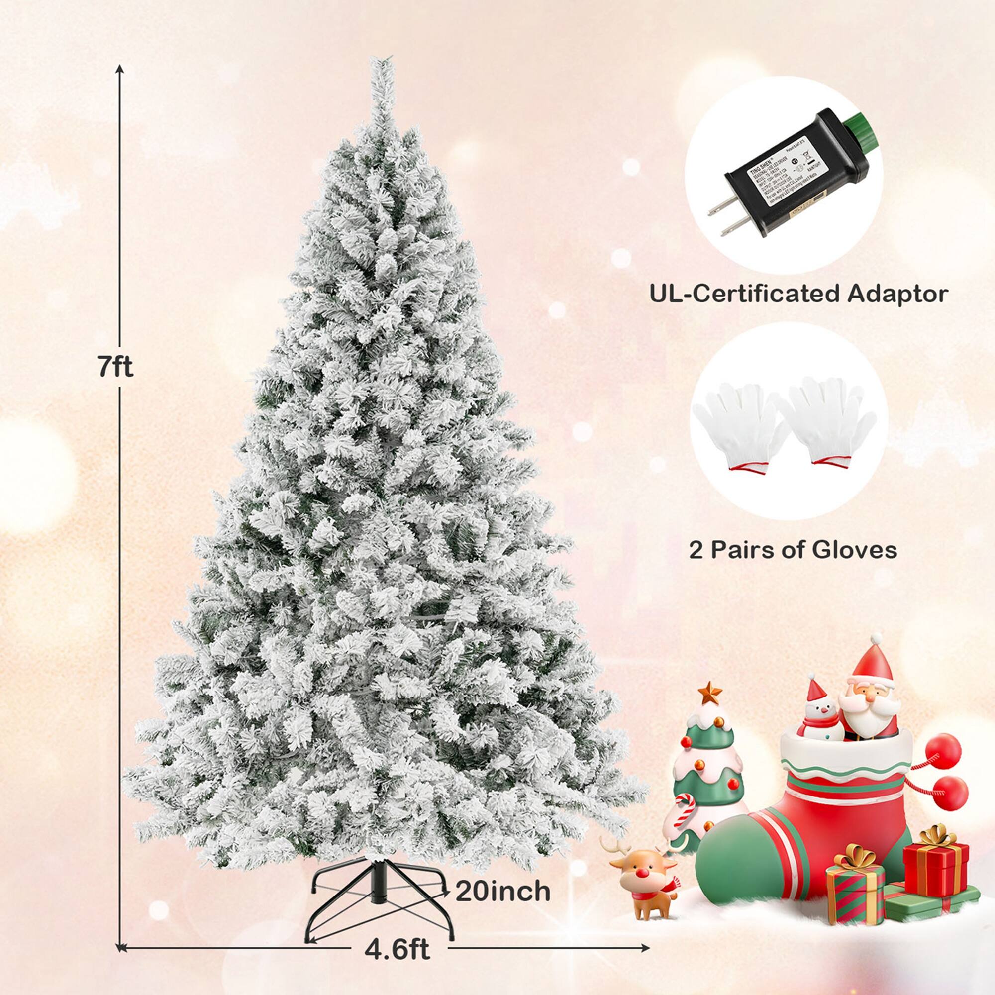 The text on the image is grouped and corrected as follows:

"7ft UL-Certified Adaptor 2 Pairs of Gloves 20inch 4.6ft Christmas Tree"