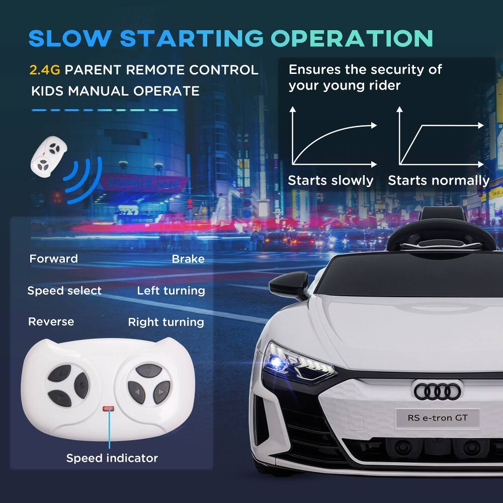 SLOW STARTING OPERATION

2.4G PARENT REMOTE CONTROL
KIDS MANUAL OPERATE

Ensures the security of your young rider

Starts slowly
Starts normally

Forward
Brake
Speed select
Left turning
Reverse
Right turning

RS e-tron GT

Speed indicator