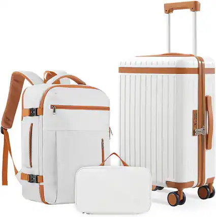 Front. Quick Deer - 3 Piece Carry On Luggage Set with 20" Suitcase, 36L Travel Backpack with 180° Opening and Waterproof Toiletry Bag - White & Brown.