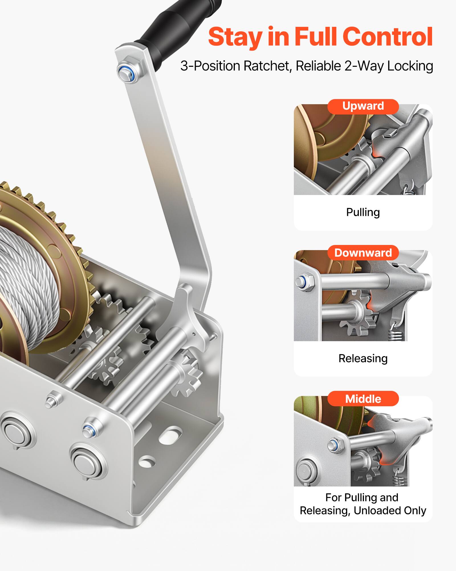 Stay in Full Control  
3-Position Ratchet, Reliable 2-Way Locking  
Upward: Pulling  
Downward: Releasing  
Middle: For Pulling and Releasing, Unloaded Only