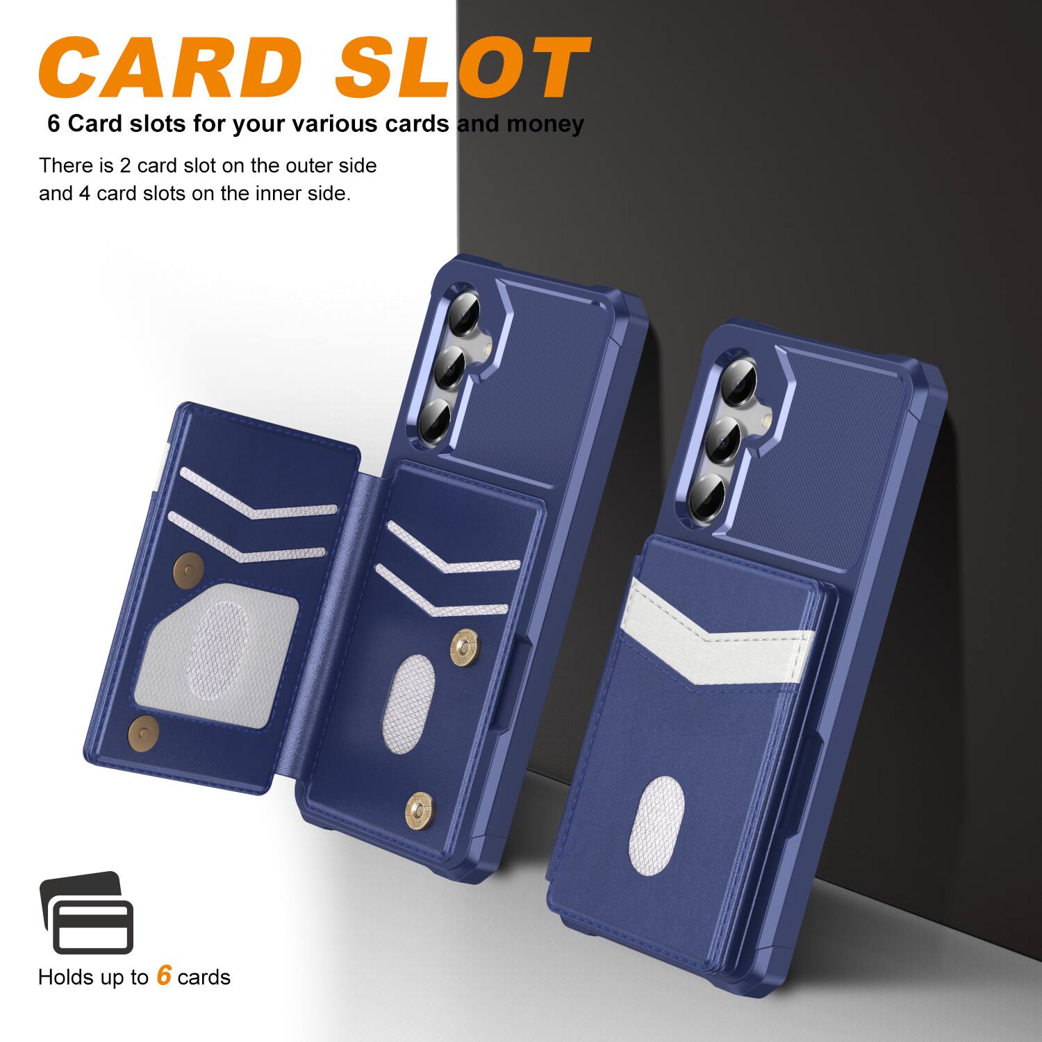 CARD SLOT  
6 Card slots for your various cards and money  
There is 2 card slot on the outer side and 4 card slots on the inner side.  
Holds up to 6 cards