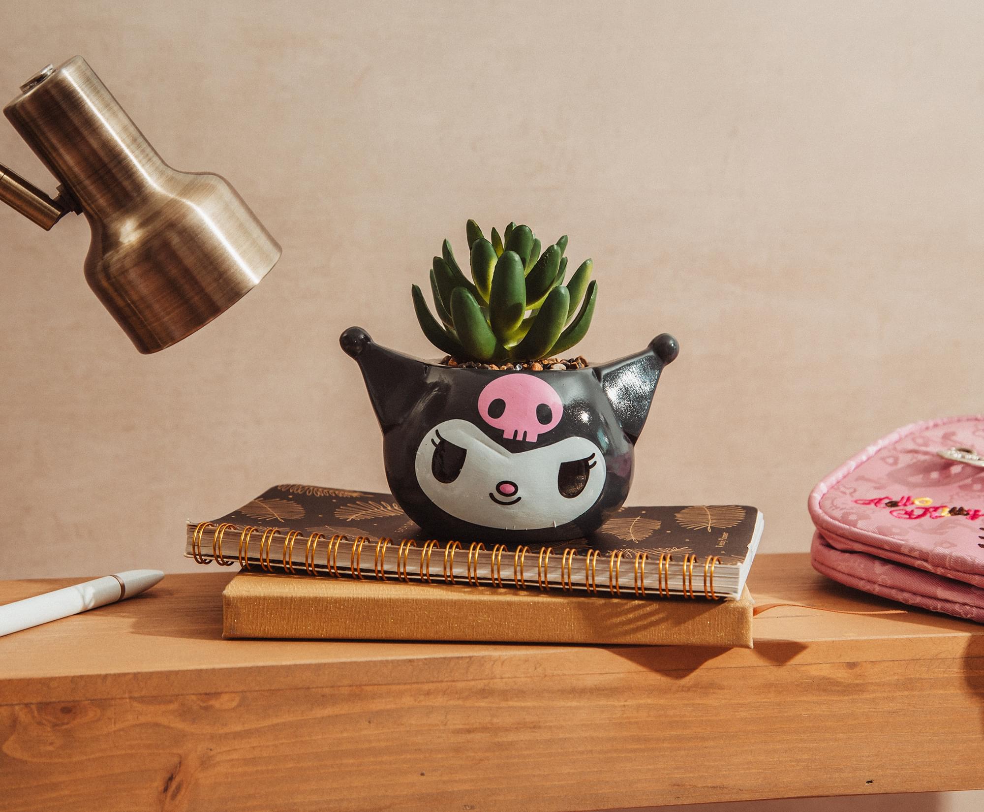 Alt View 5. Silver Buffalo - Sanrio Kuromi Smiling Head 3-Inch Ceramic Mini Planter With Artificial Succulent - Black.