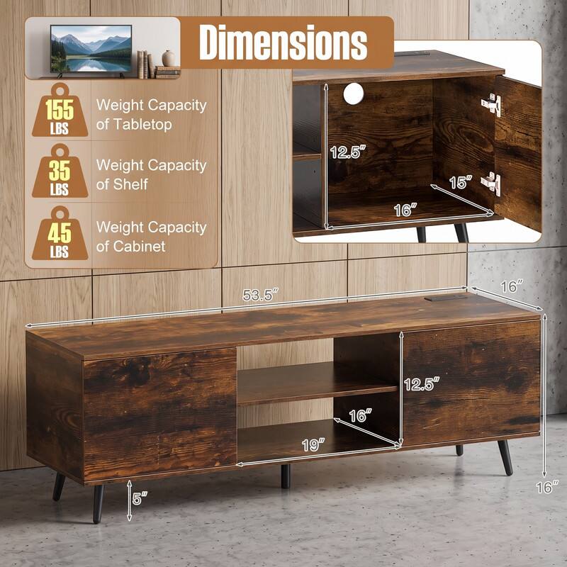 Dimensions

- Weight Capacity of Tabletop: 155 LBS
- Weight Capacity of Shelf: 35 LBS
- Weight Capacity of Cabinet: 45 LBS

- 12.5"
- 16"
- 15"
- 53.5"
- 16"
- 12.5"
- 19"
- 16"
- 5"
- 16"