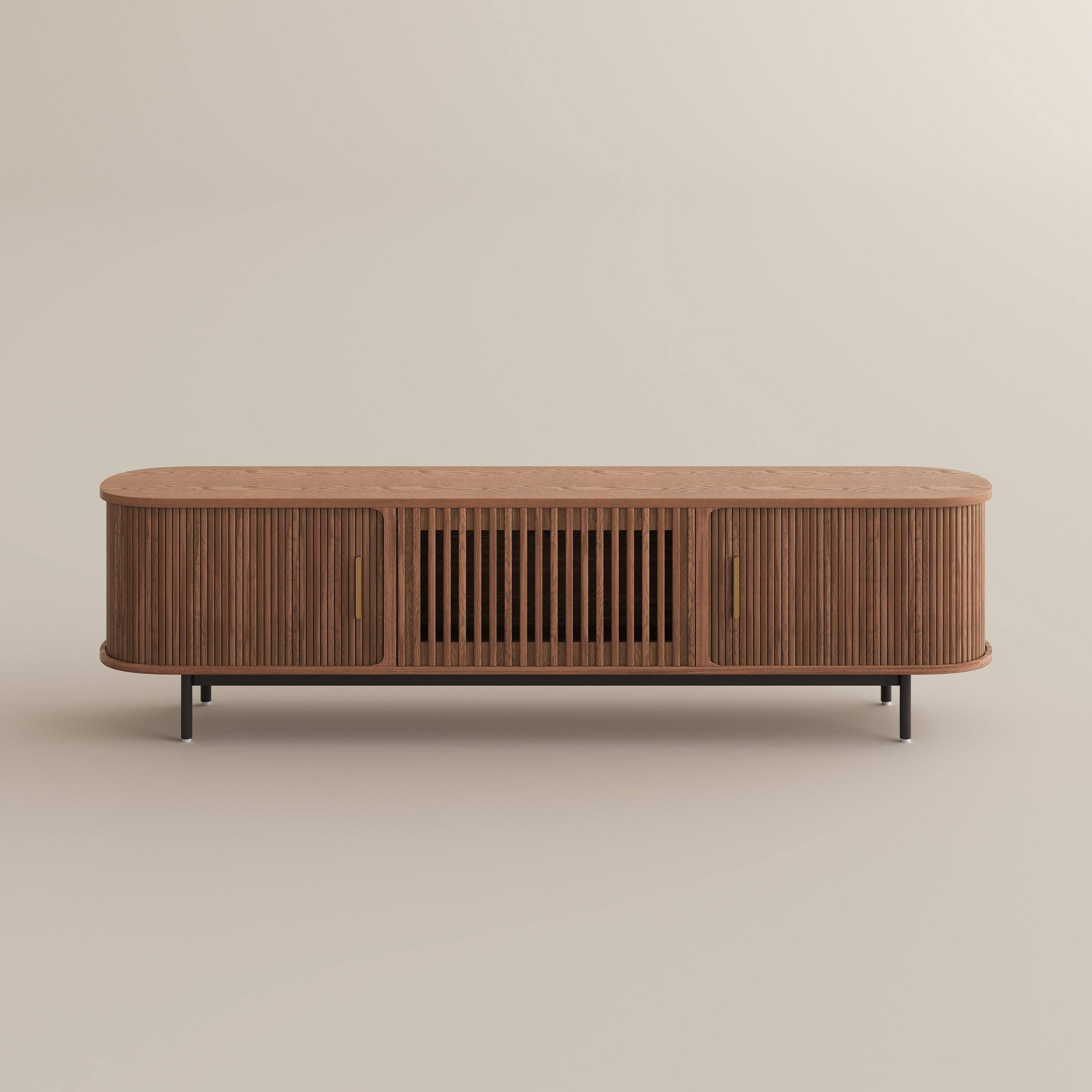 Alt View 7. POVISON - 79"Mid-Century Modern Tambour Door TV Stand ,Walnut - Walnut.